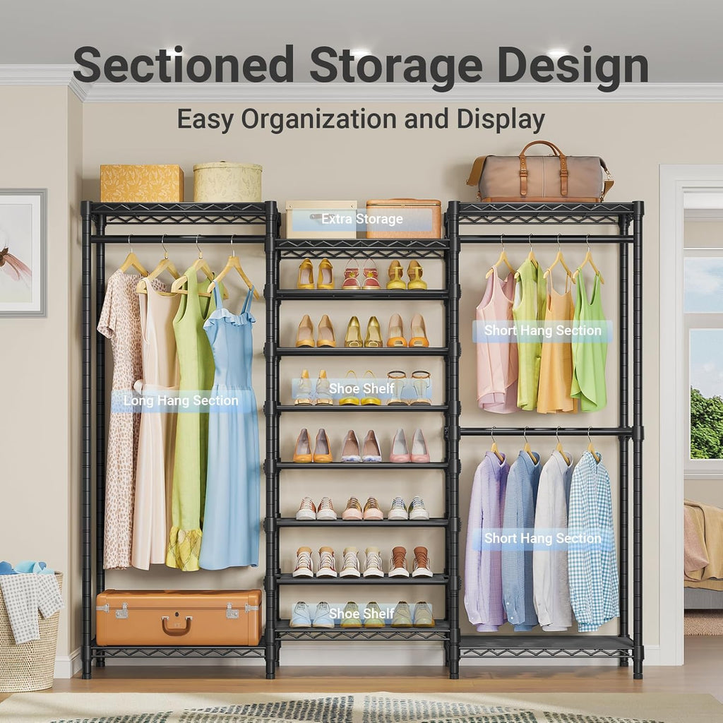 VIPEK S3 Heavy Duty Garment Rack Freestanding Clothes Rack Closet Storage Organizer Large Wardrobe with 8-Tier Shoe Rack, Hanging Rod, Adjustable Shelf, 68.9' L x 15.7' W x 76.4' H, Black