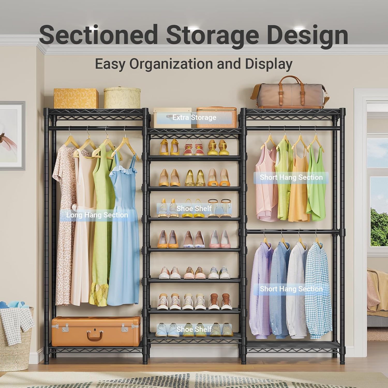 VIPEK S3 Heavy Duty Garment Rack Freestanding Clothes Rack Closet Storage Organizer Large Wardrobe with 8-Tier Shoe Rack, Hanging Rod, Adjustable Shelf, 68.9' L x 15.7' W x 76.4' H, Black