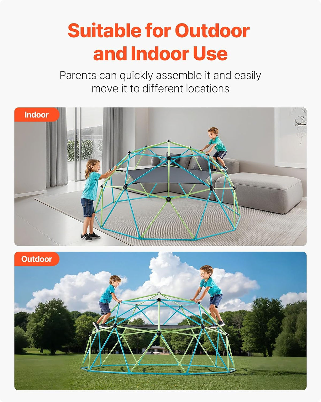 VEVOR Climbing Dome, 10FT Geometric Dome Climber with Swing & Hammock, 1000LBS Loading Kid's Jungle Gym Playground, Easy-Assembly Outdoor Backyard Climbing Equipment for Boys Girls 3 to 10 Years Old