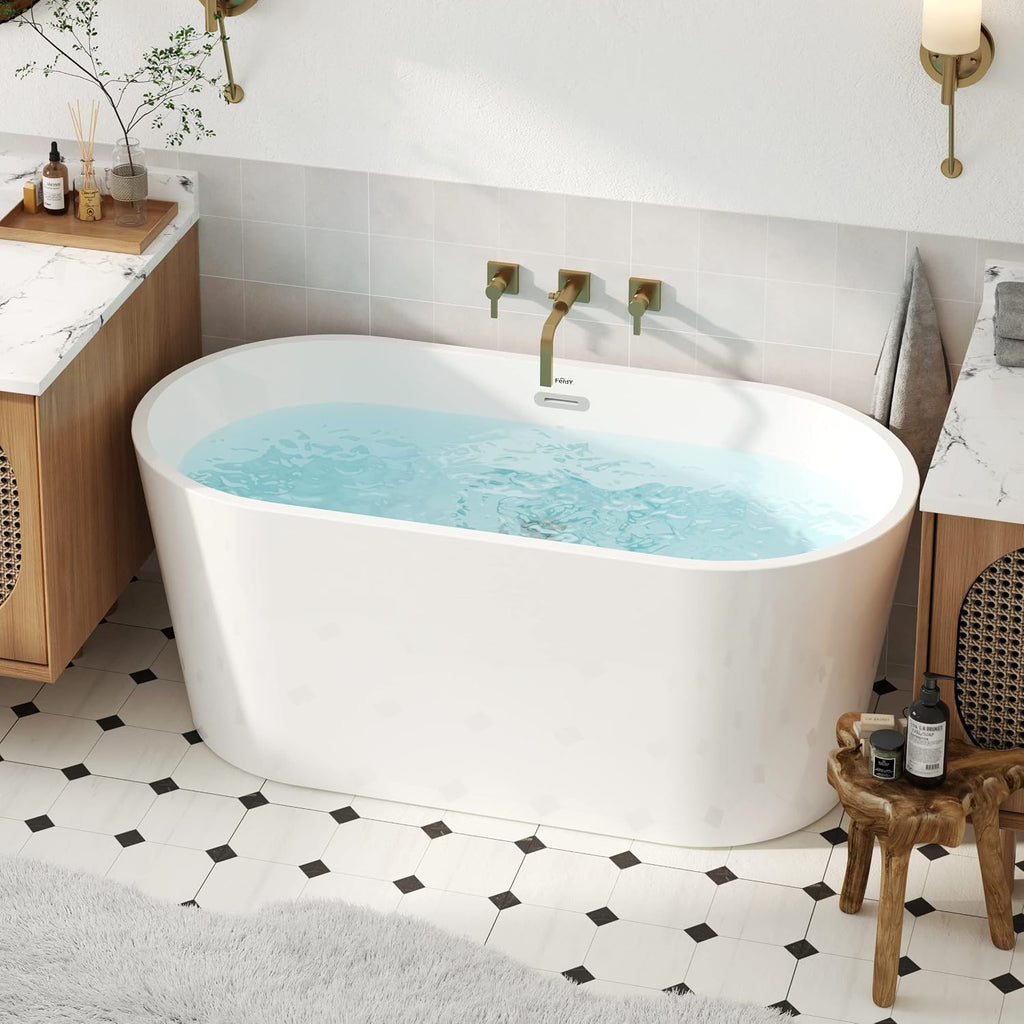 FerdY Luzon 55' Acrylic Freestanding Bathtub, Classic Oval Shape Soaking Bathtub with Toe-Tap Chrome Drain & Bath Pillow for Bathtub,Thick Tub Pillows, Breathable 4D Air Mesh