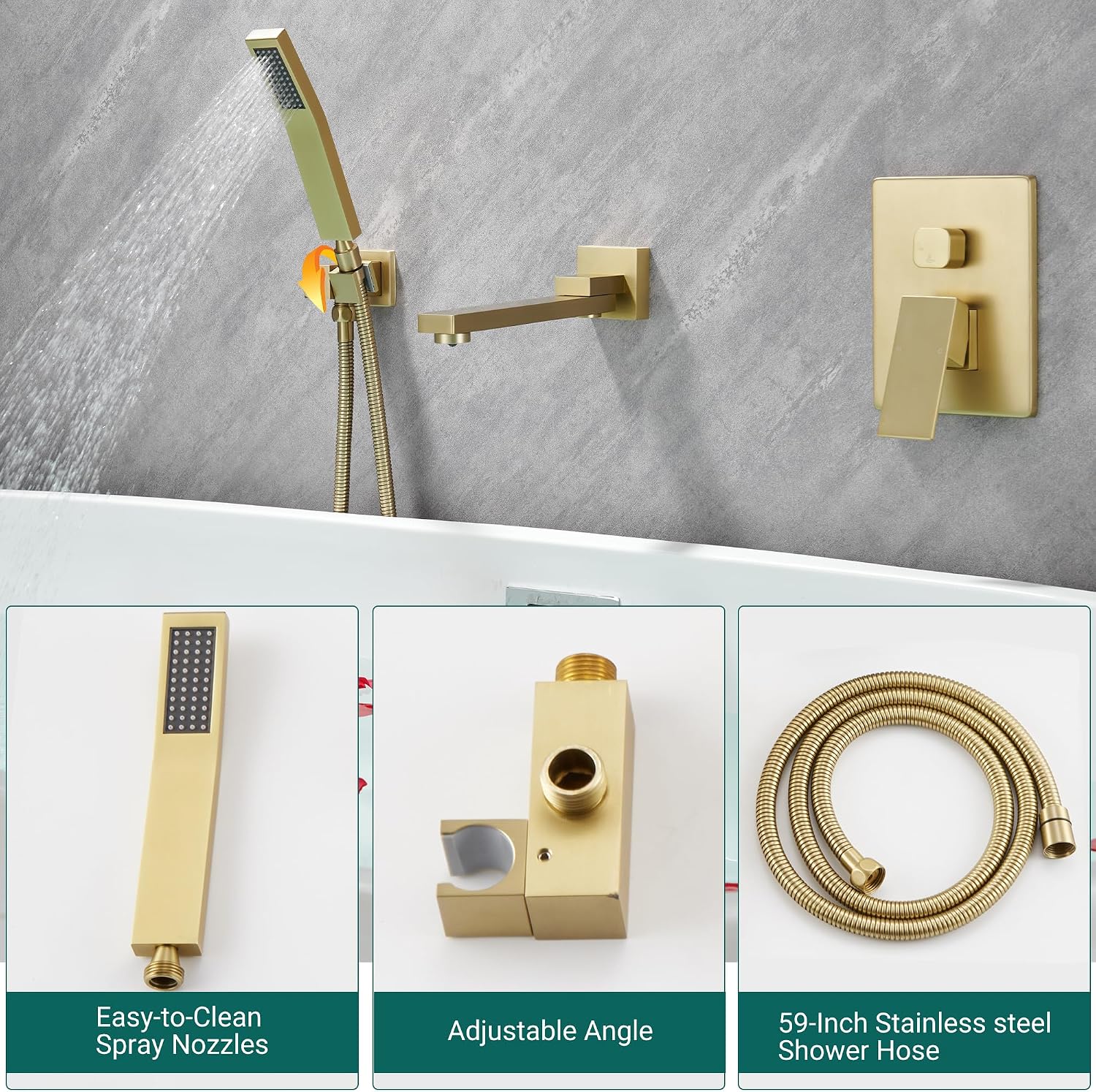 DASAN Swiveling Wall Mount Tub Filler Faucet Set with Hand Held Shower, Brushed Gold Modern Creative Bathtub Faucet Wall Mounted Bath Tub Faucet with High Flow Rough in Valve, SA-TF05WH-BG