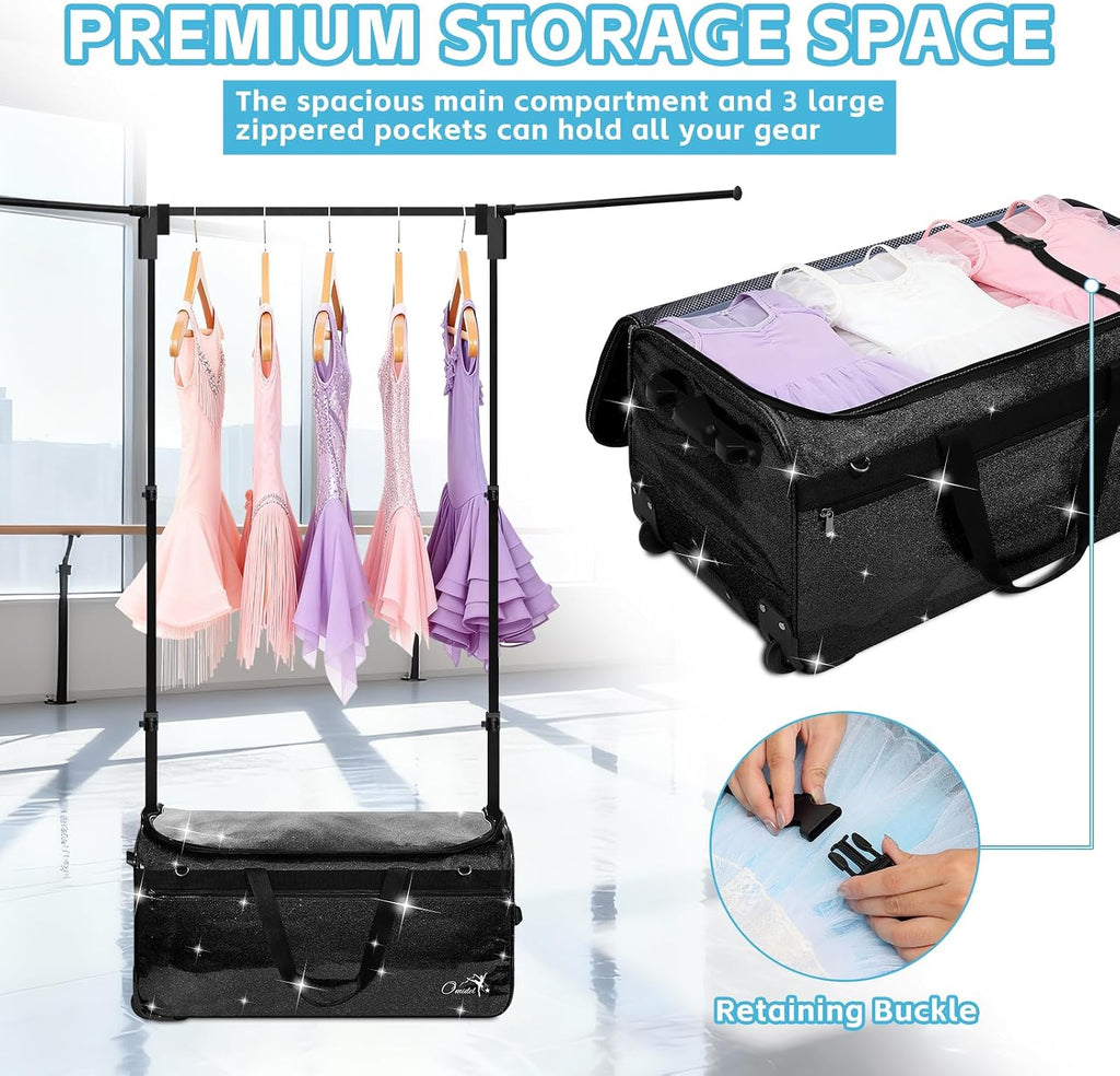 Dance Bag with Garment Rack and Curtain | 28' Sparkling Dance Competition Duffle Bag with Rack & Wheels | Upgraded Stable System | Ideal Rolling Dance Suitcase for Dancer Cheerleader Gymnast Traveler