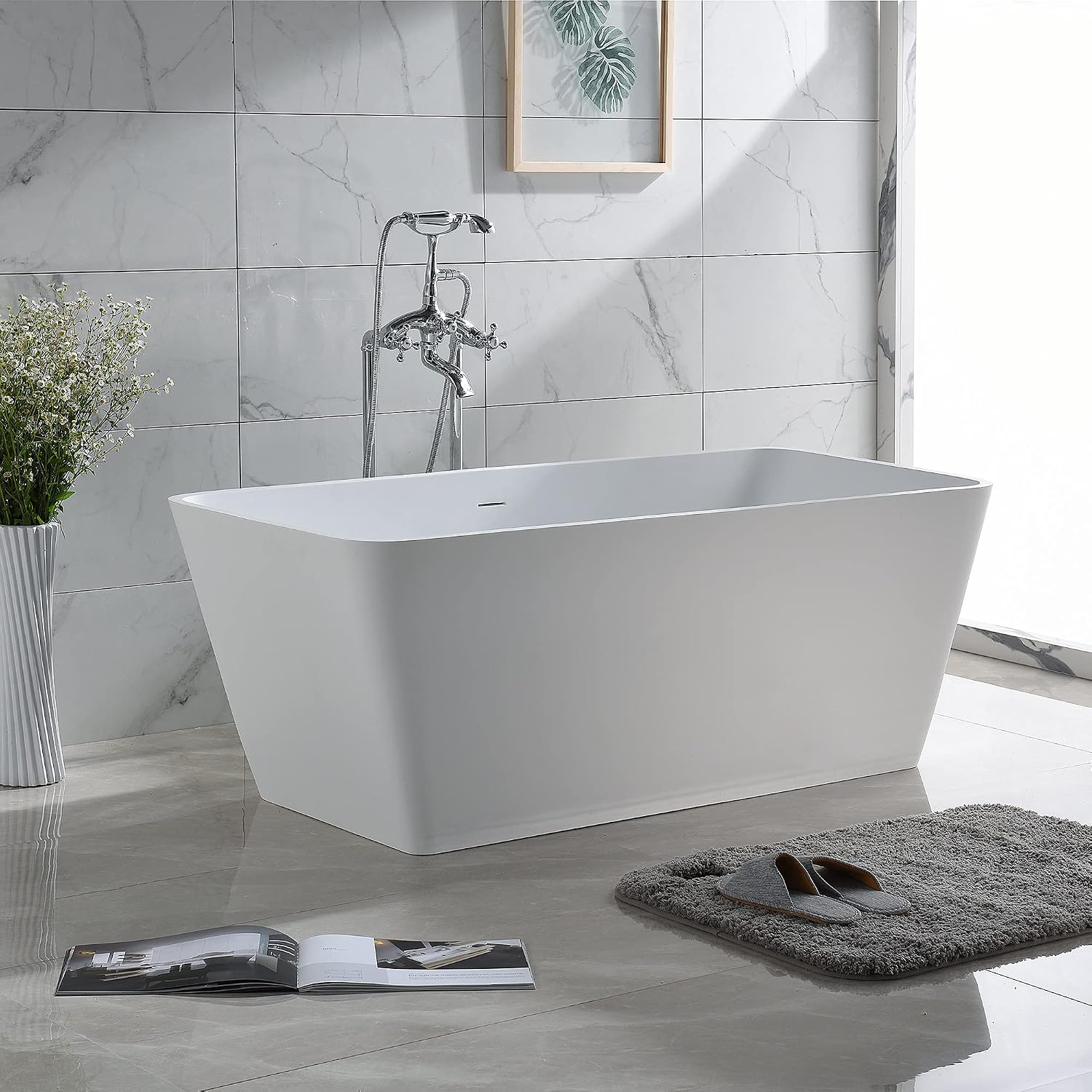 Dowell 60' Luxury Modern Stone Resin Freestanding Bathtub | Matte White Square Shape Solid Surface Soaking Tub with Integrated Slotted Overflow 076 59