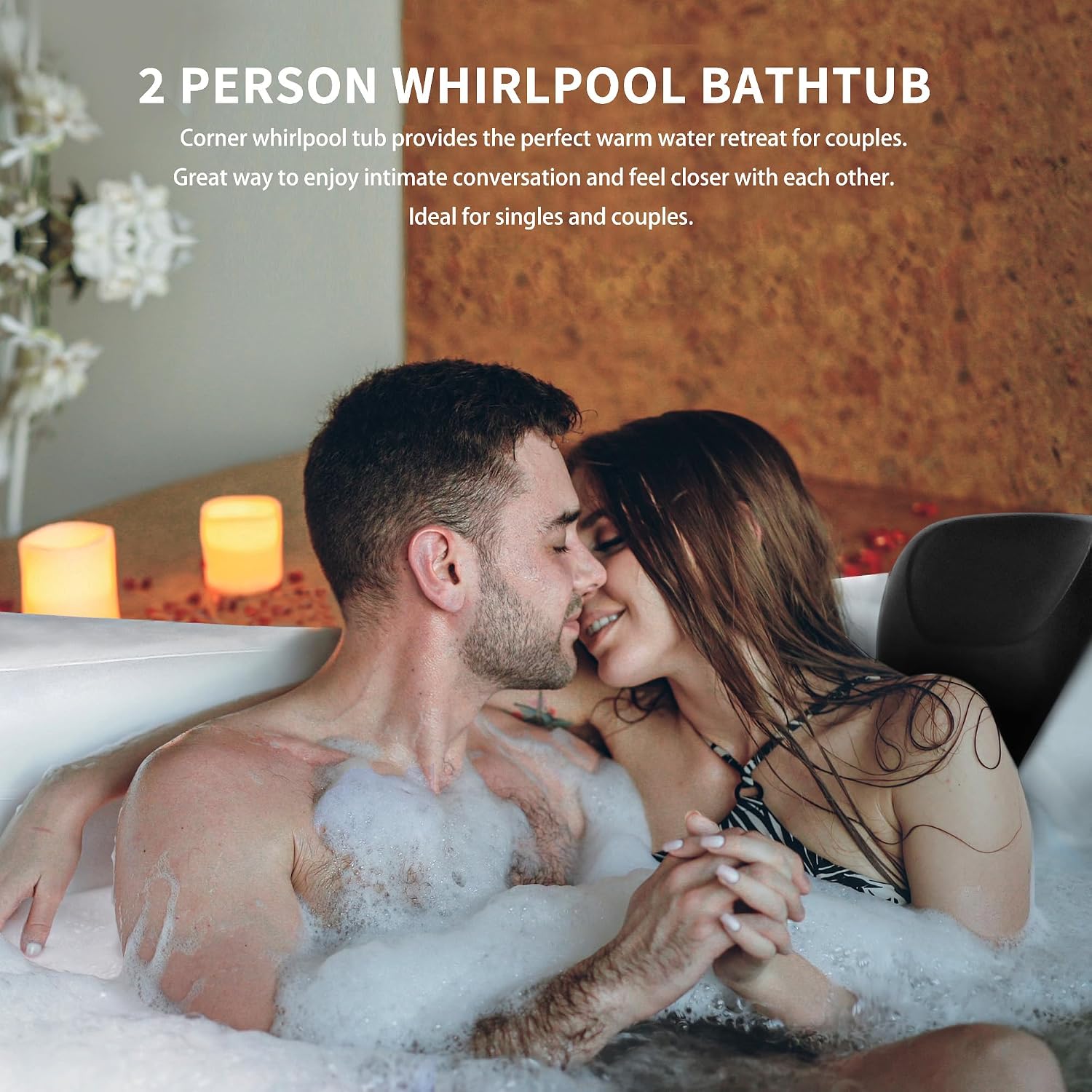 Empava 59' Corner Whirlpool Bathtub for 2-Person, Luxury Jetted Spa Tub with 10 Hydro Massage Jets, Built-in Heater, Chromatherapy LED Lights & Constant Heat System, ETL Certified Acrylic Tub