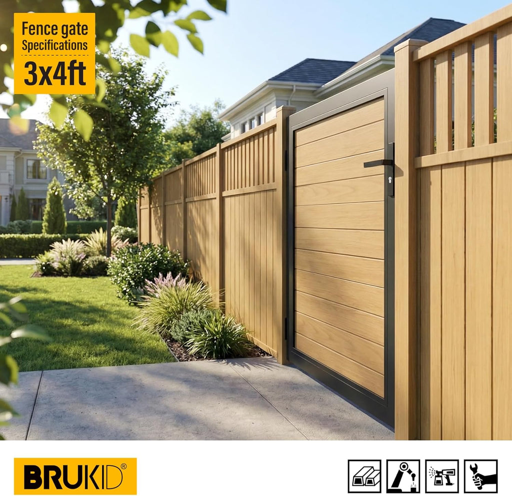 3x4 FT Aluminum Fence Gate Kit Wood Grain Aluminum Gate with Decorative Cutout, Lock & Hinges, Left/Right Opening, Weather Resistant for Yard Garden Patio