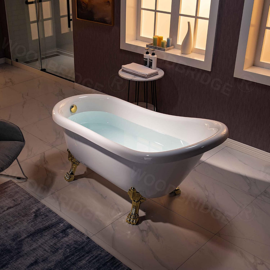 WOODBRIDGE 59' Heavy Duty Acrylic Slipper Clawfoot Bath Tub with Polished Gold Feet + Polished Gold Drain &Overflow