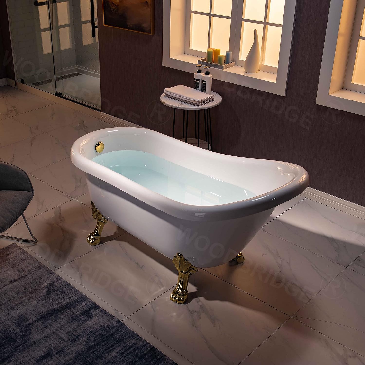 WOODBRIDGE 59' Heavy Duty Acrylic Slipper Clawfoot Bath Tub with Polished Gold Feet + Polished Gold Drain &Overflow