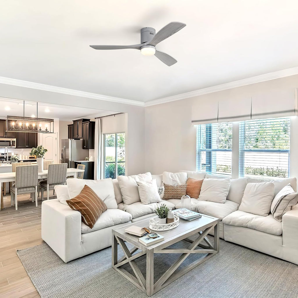 Sofucor 52 Inch Flush Mount Ceiling Fan with Light and Remote Control, 3 Blade Solid Wood Gray Ceiling Fan for Outdoor Indoor, Modern Fan for Bedroom Living Room Farmhouse Patio