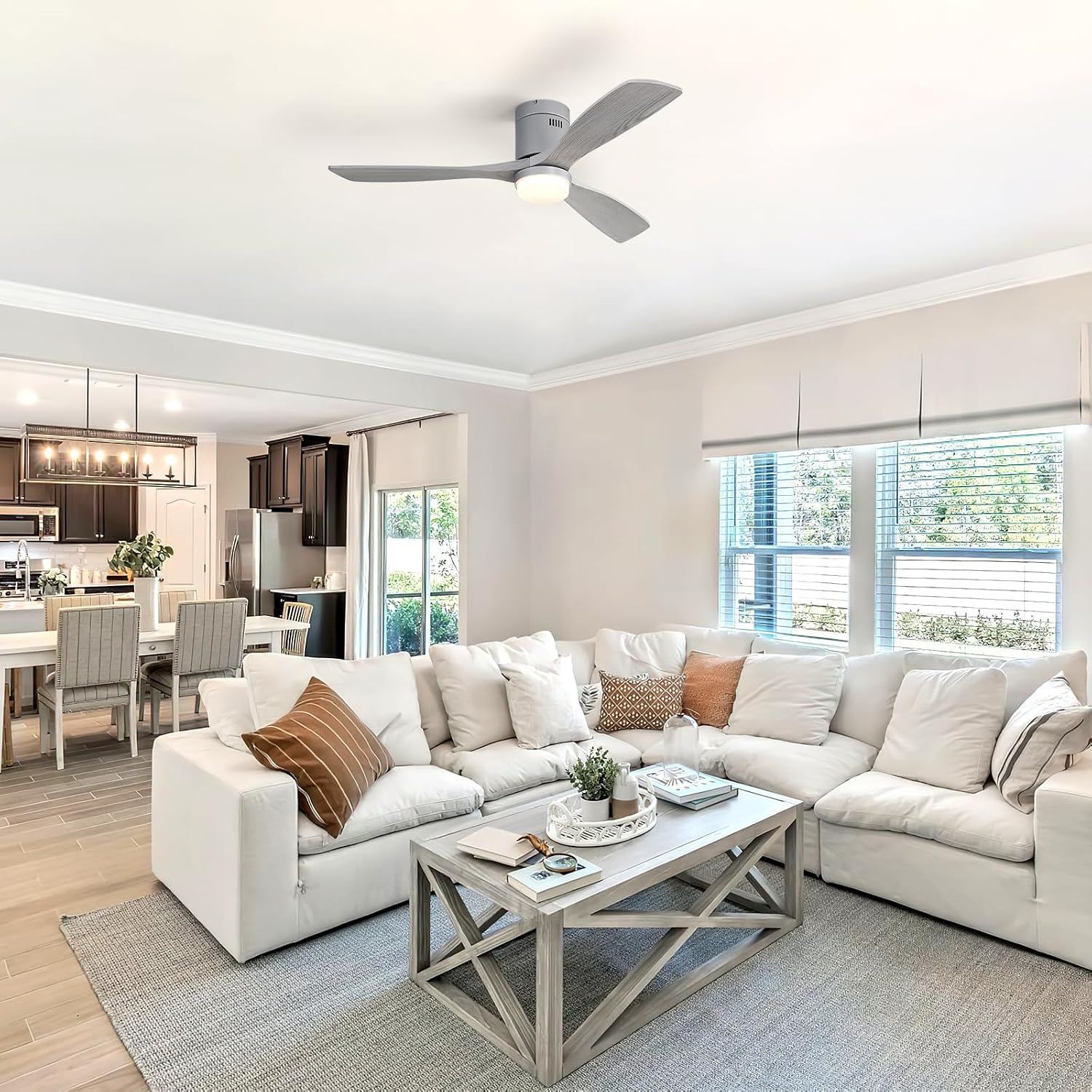 Sofucor 52 Inch Flush Mount Ceiling Fan with Light and Remote Control, 3 Blade Solid Wood Gray Ceiling Fan for Outdoor Indoor, Modern Fan for Bedroom Living Room Farmhouse Patio
