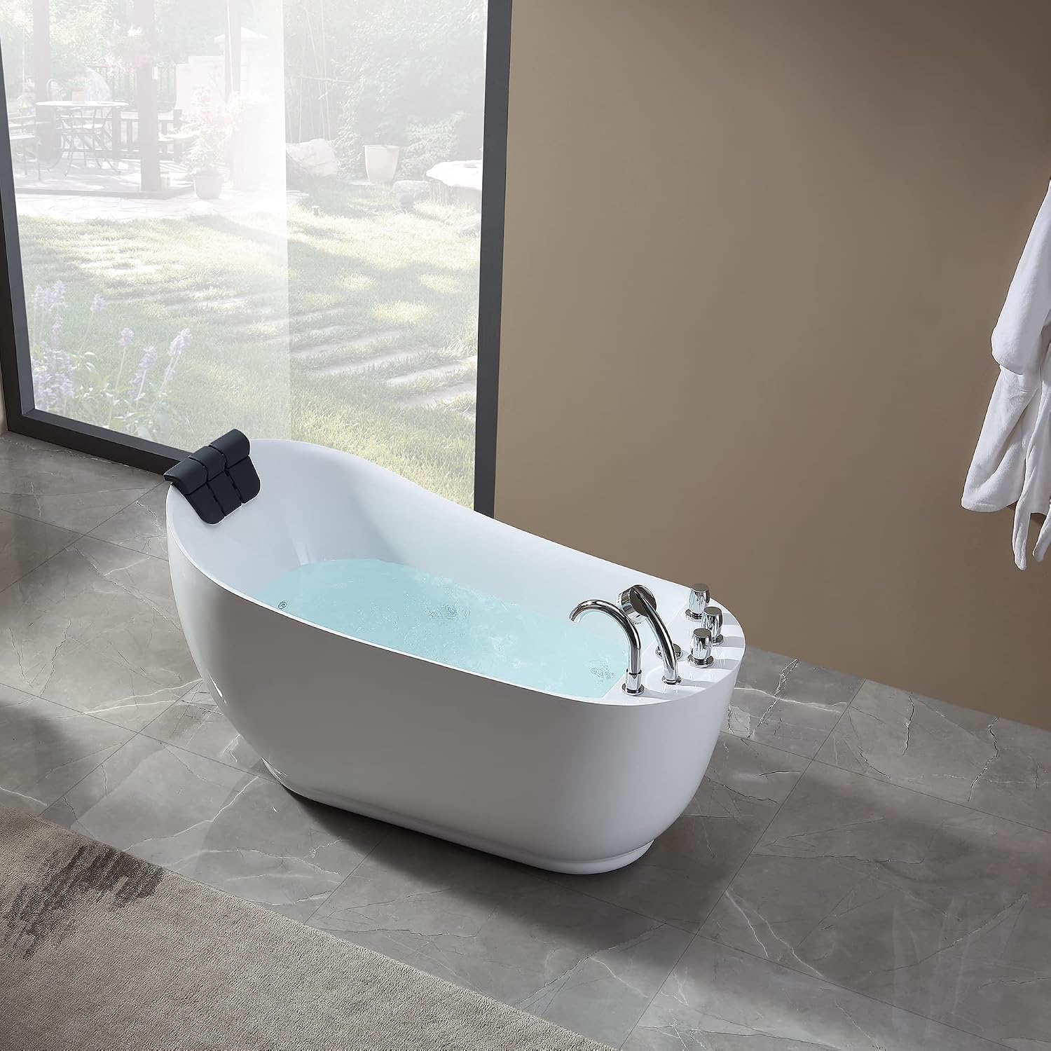 Empava 59 in. Acrylic Freestanding Tub Hydromassage Gracefully Oval Shaped Whirlpool 7 Water Jets Soaking SPA, Single-Ended Massage Bathtub with Black Pillow , White