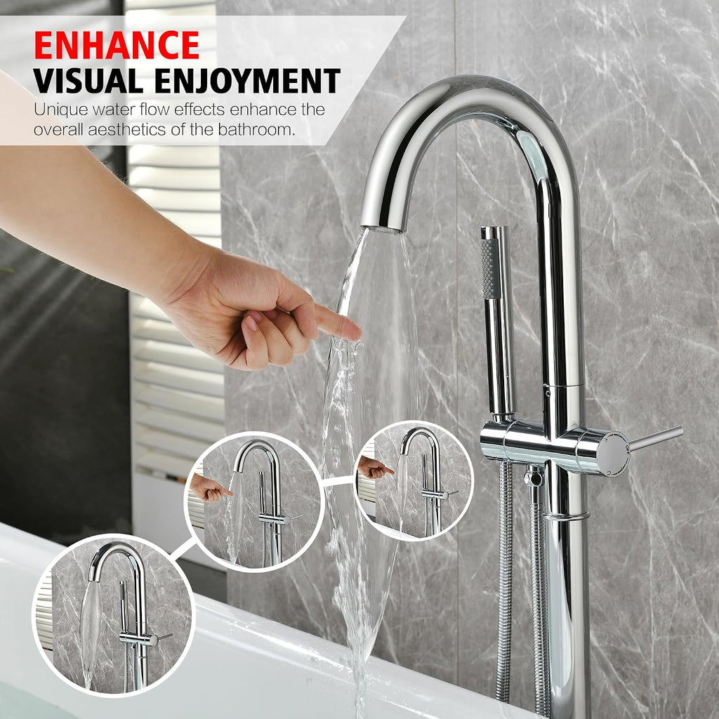sumerain Freestanding Tub Filler Faucet, Modern Bathroom Floor Mounted Bathtub Faucet with Handheld Shower High Flow, Chrome