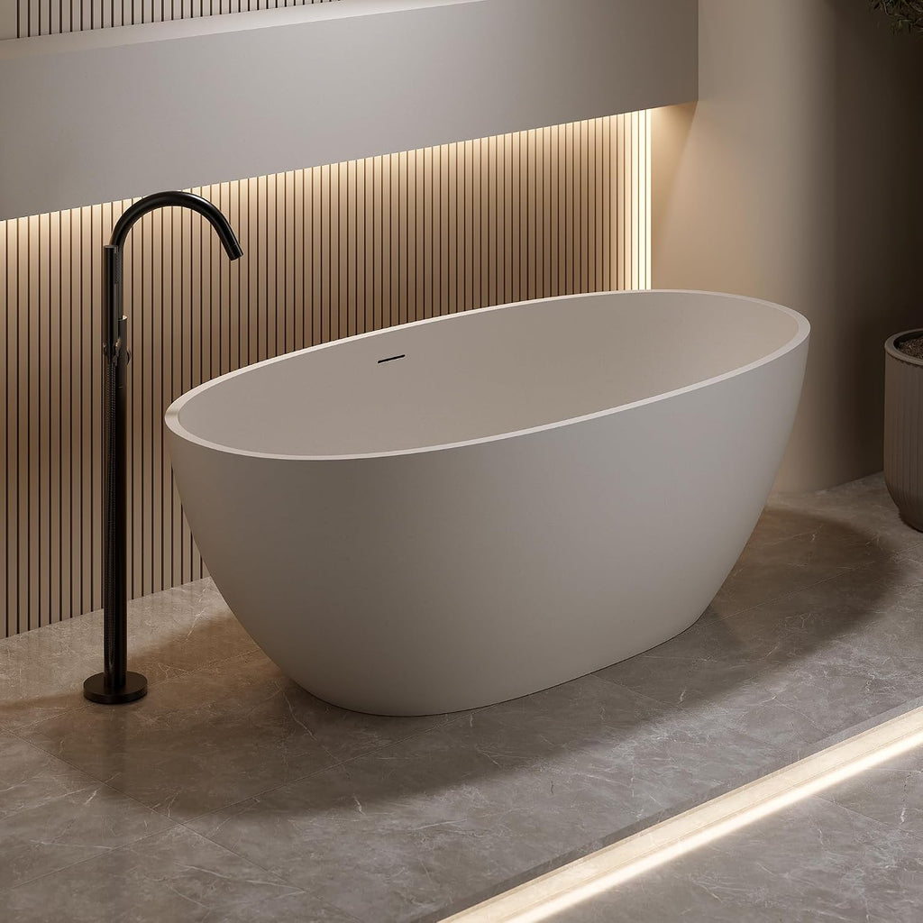 KEIKI 63'' Freestanding Bathtub, Resin Stone Soaking Bathtub with Solid Surface, Modern Tubs with Overflow and Pop-up Drain