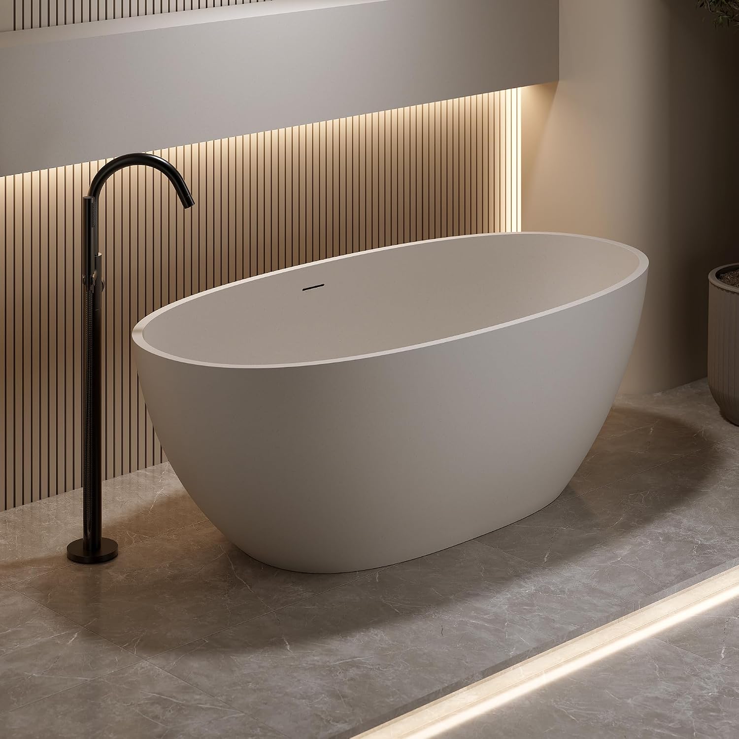 KEIKI 63'' Freestanding Bathtub, Resin Stone Soaking Bathtub with Solid Surface, Modern Tubs with Overflow and Pop-up Drain