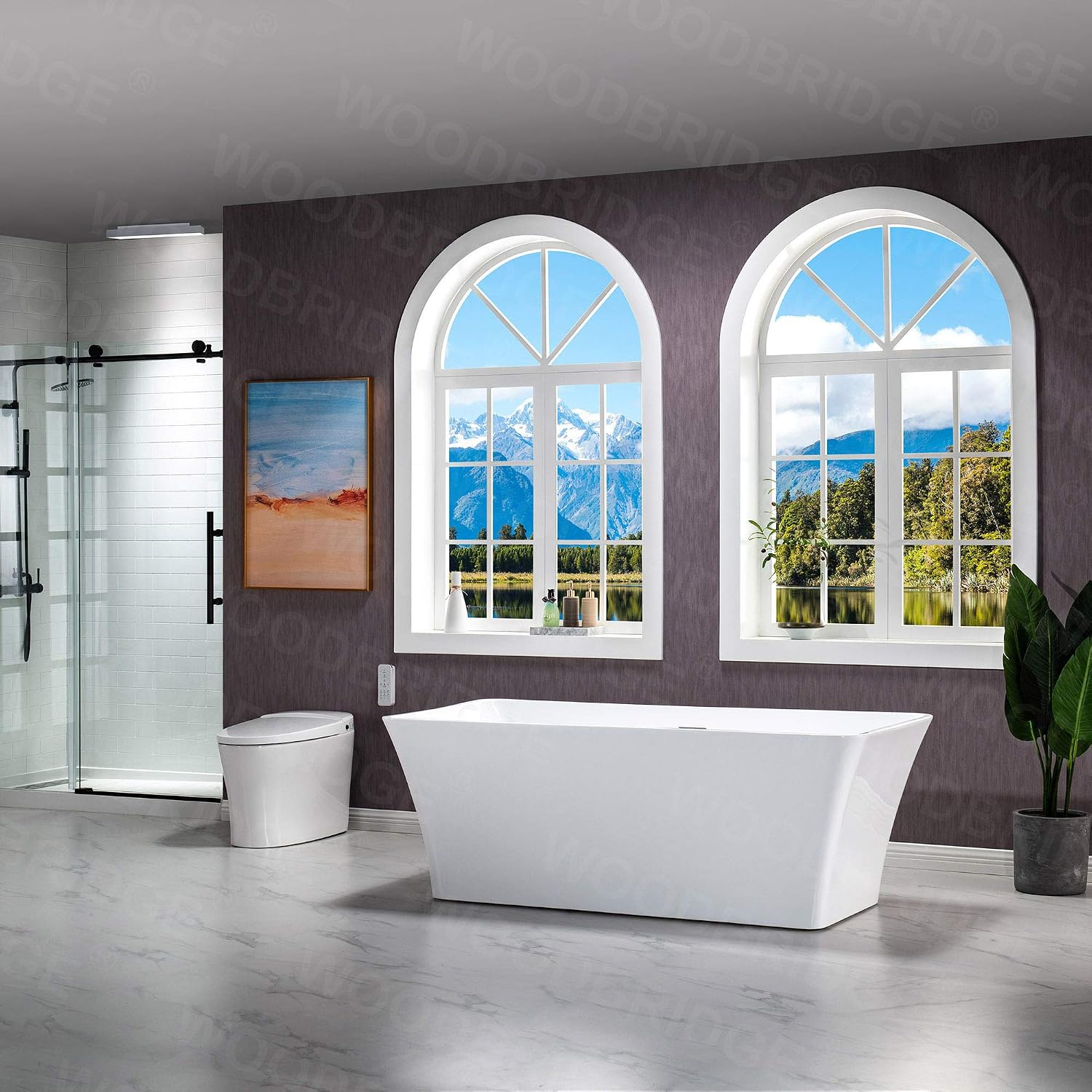 WOODBRIDGE 67' Acrylic Freestanding Bathtub Contemporary Soaking White Tub with Brushed Nickel Overflow and Drain，BTS1609 -B/N-Drain &O