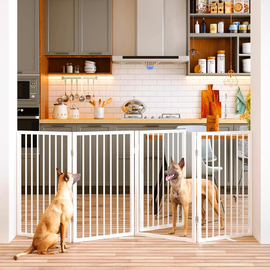 Vantas Folding No-Assembly Metal Pet Gate 80' Wide, 32' Extra Tall Dog Gate with Door Walk Through, Freestanding Accordion Puppy Gate Dog Door for Indoor & Outdoor, with 2PCS Support - White