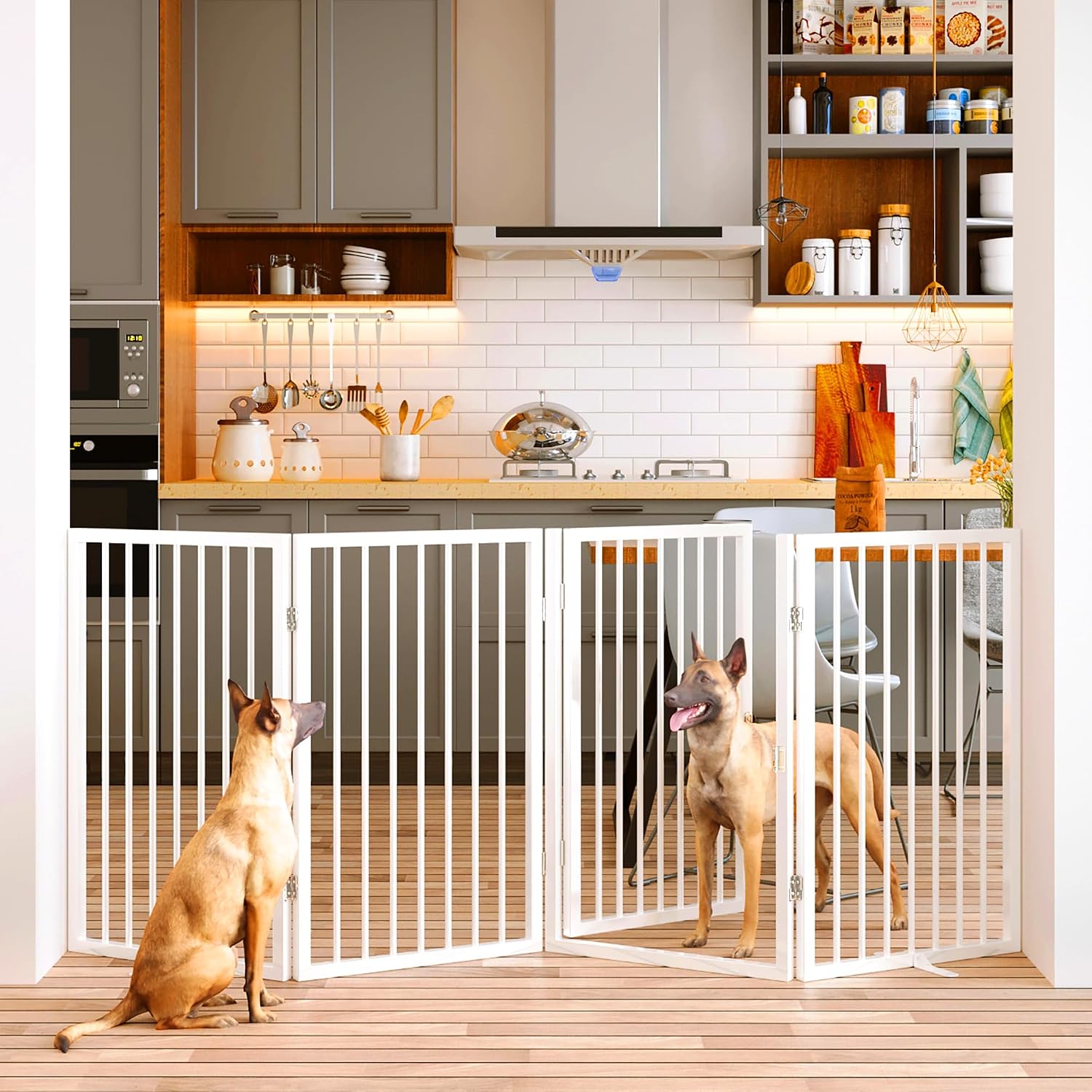 Vantas Folding No-Assembly Metal Pet Gate 80' Wide, 32' Extra Tall Dog Gate with Door Walk Through, Freestanding Accordion Puppy Gate Dog Door for Indoor & Outdoor, with 2PCS Support - White