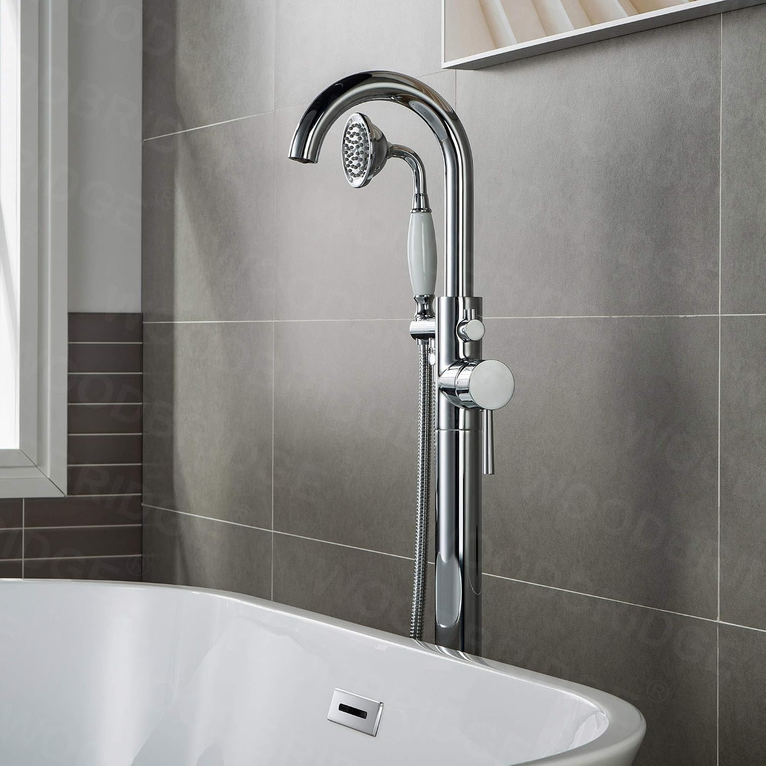 WOODBRIDGE WOODBRIDGEE Contemporary Single Handle Floor Mount Freestanding Tub Filler Faucet with Hand Shower in (Chrome) Finish,F0002-CHVT, Chorme I