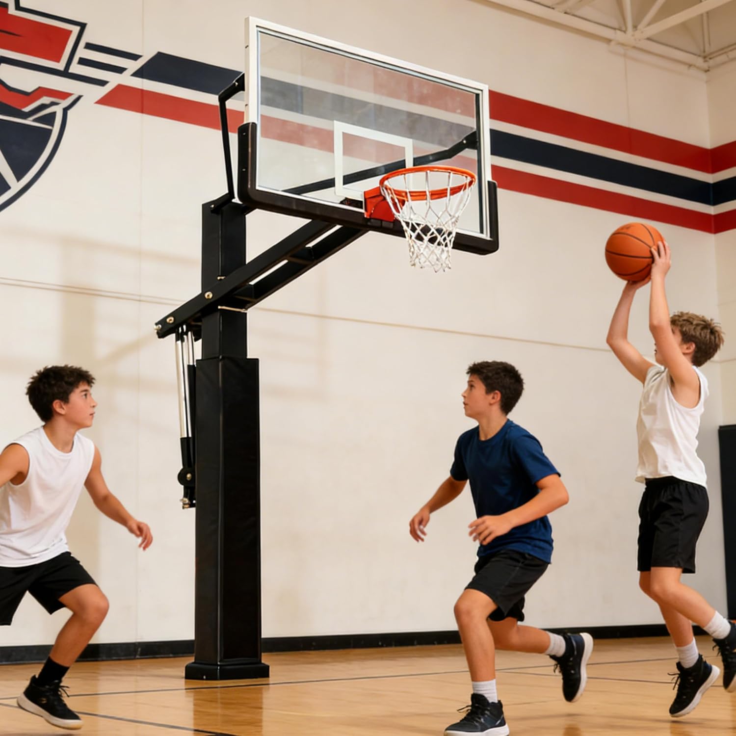 72 Inch Inground Basketball Hoop with Tempered Glass Backboard and 7.2 inch Square Pole Adjust Height from 5.4 Ft to 10 Ft with 3.8 Ft - 4.4 Ft Overhang for All Levels of Play