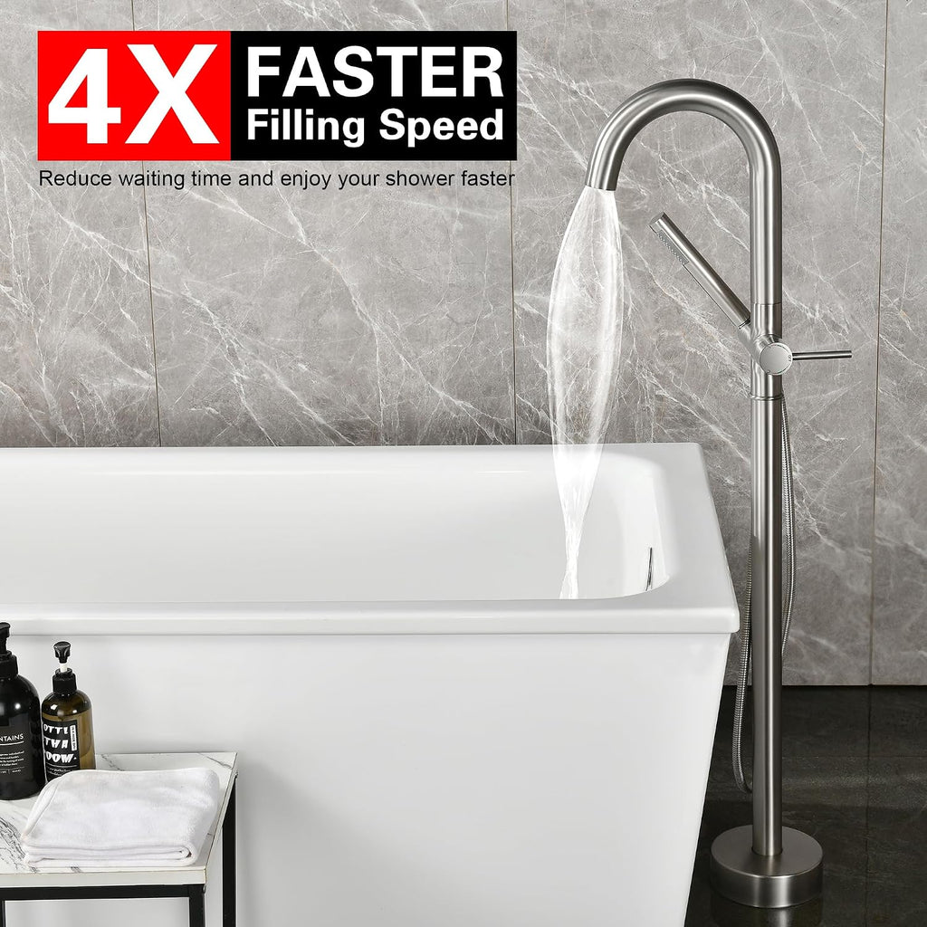 sumerain Bathroom Freestanding Bathtub Faucet Brushed Nickel, Modern Floor Mount Tub Faucet, High Flow with Hand Shower