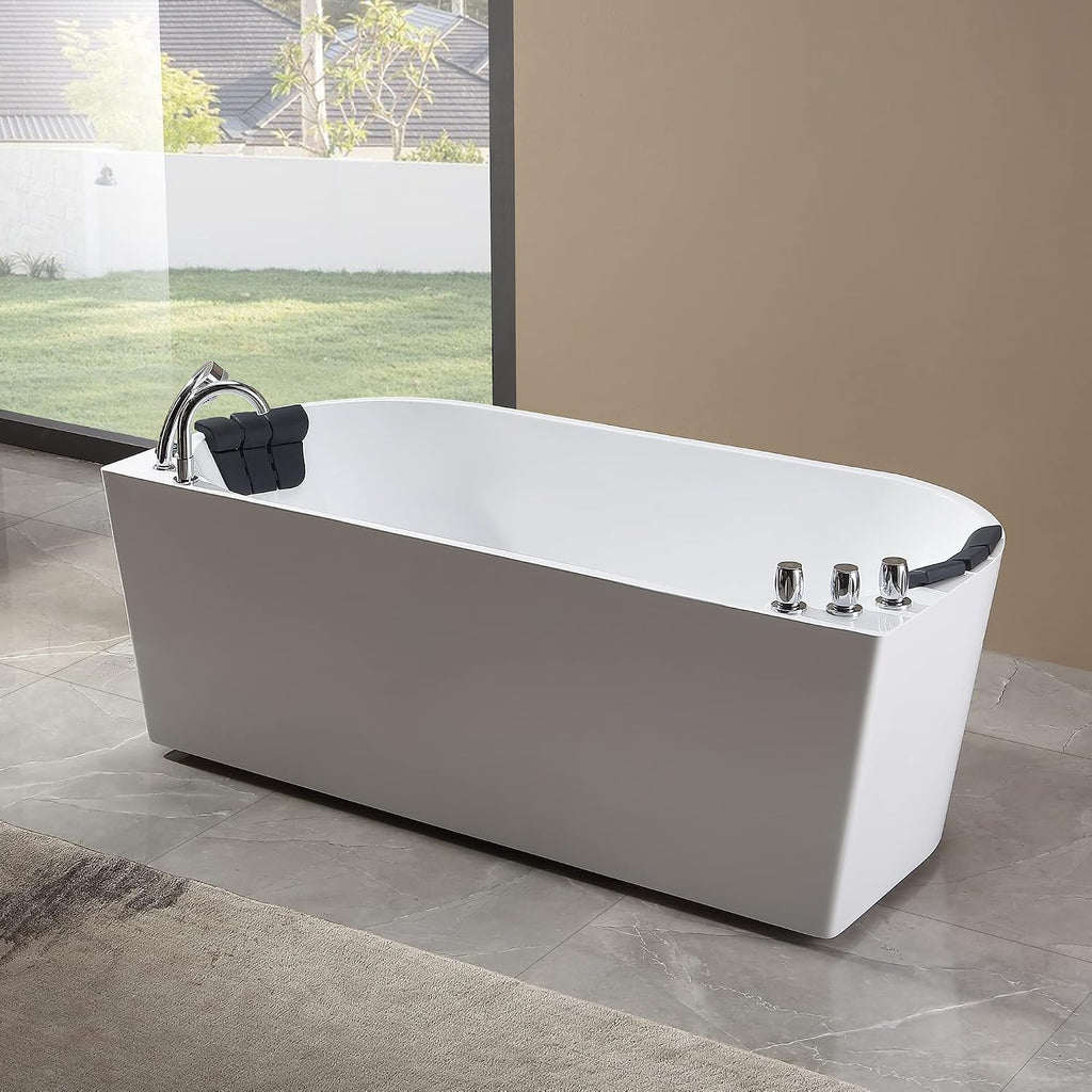 Empava 67 in. Acrylic Freestanding Tub Hydromassage Gracefully Oval Shaped Whirlpool 8 Water Jets Soaking SPA, Double-Ended Massage Bathtub with Two Black Pillow , White