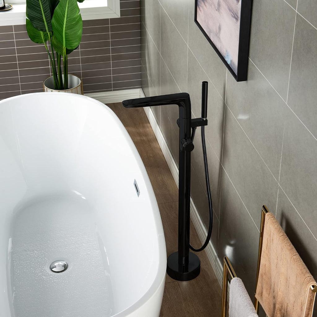 WOODBRIDGE F0015BL Contemporary Single Handle Floor Mount Freestanding Tub Filler Faucet with Hand shower in Matte Black Finish.
