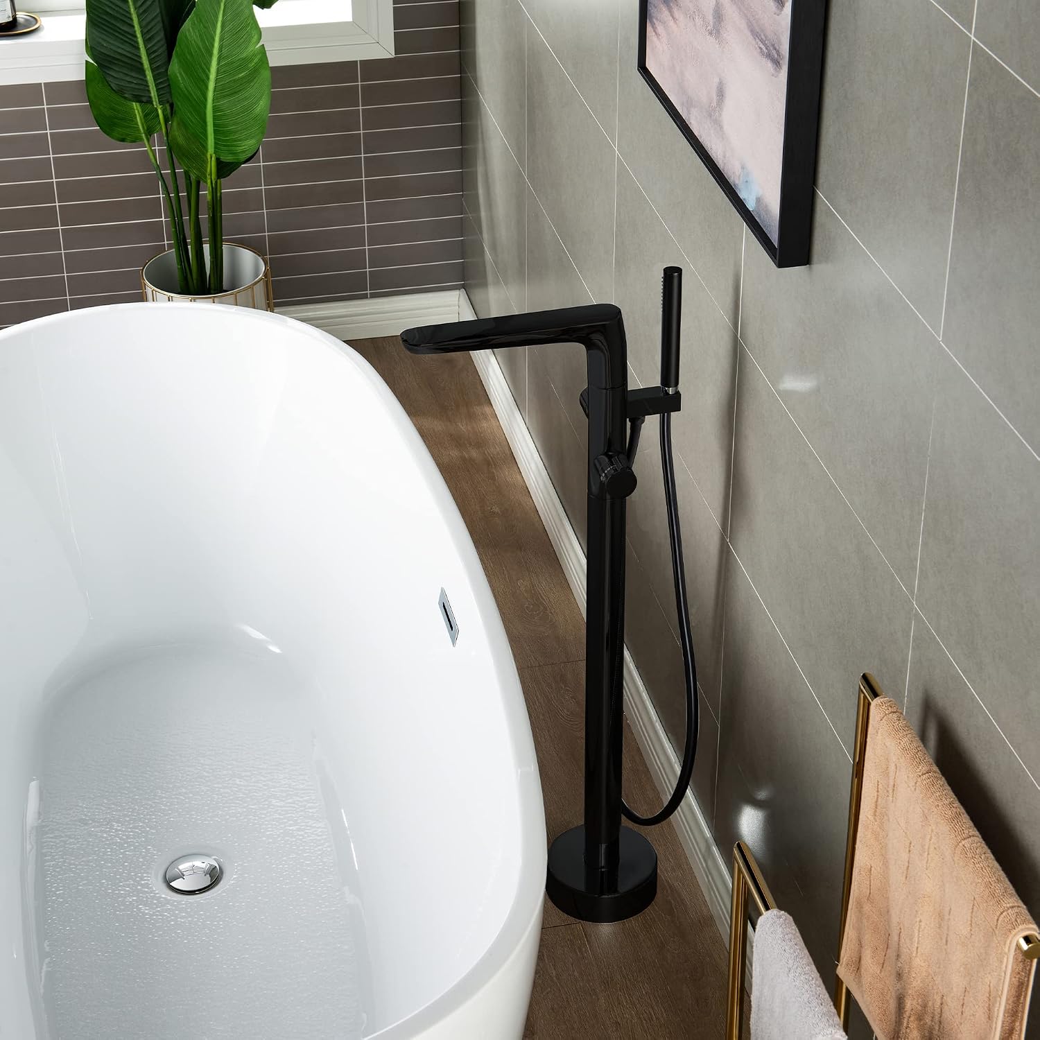 WOODBRIDGE F0015BL Contemporary Single Handle Floor Mount Freestanding Tub Filler Faucet with Hand shower in Matte Black Finish.