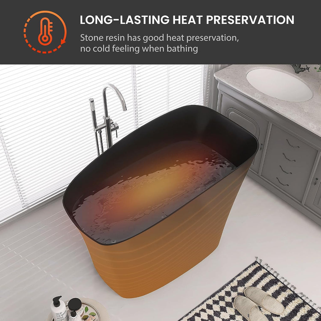 51' Japanese Soaking Bathtub with Seat, Solid Surface Matte Black | Freestanding Deep Soaking Tub, Pop-Up Drain and Overflow, Resin Stone Stand Alone for Samll Bathroom