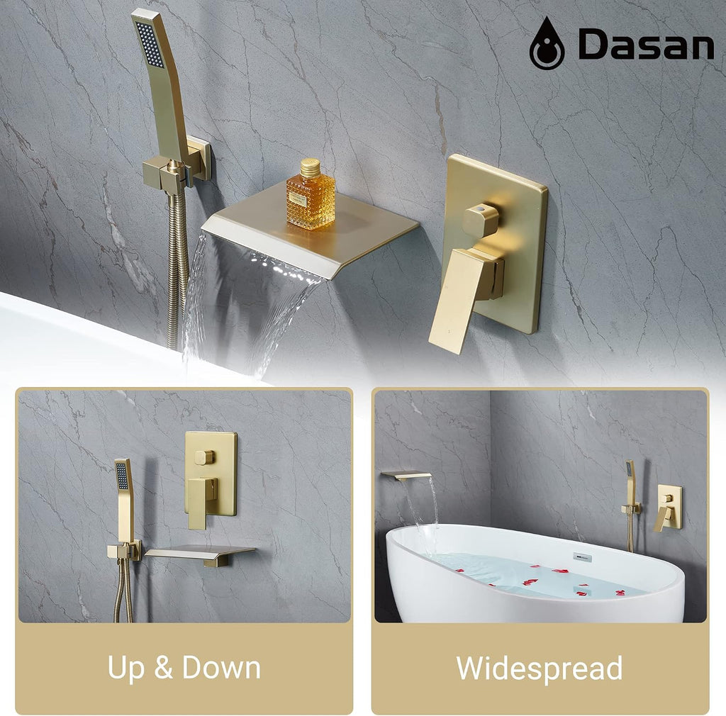 Upgraded Wall Mount Tub Filler Faucet with Handheld Shower, DASAN Modern Wall Mounted Bathtub Faucet Brushed Gold High Flow Waterfall Tub Faucet with Rough in Valve, SA-TF04WH-BG