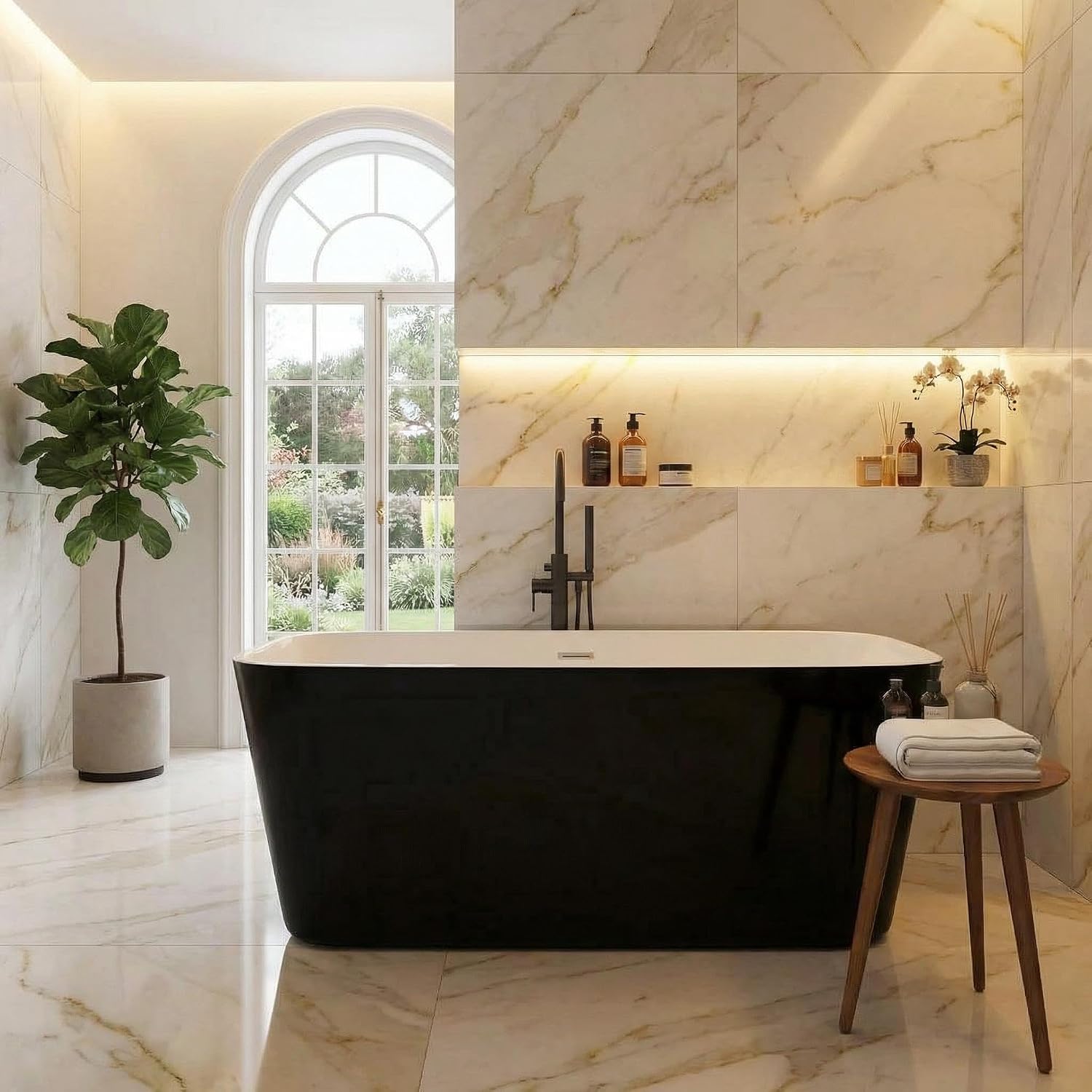 49' Freestanding Acrylic Bathtub, Japanese Square Soaking Tub with Built-in Seat, Toe-Tap Drain & Slotted Overflow, CUPC Certified Black Standalone Tub for Modern Bathroom