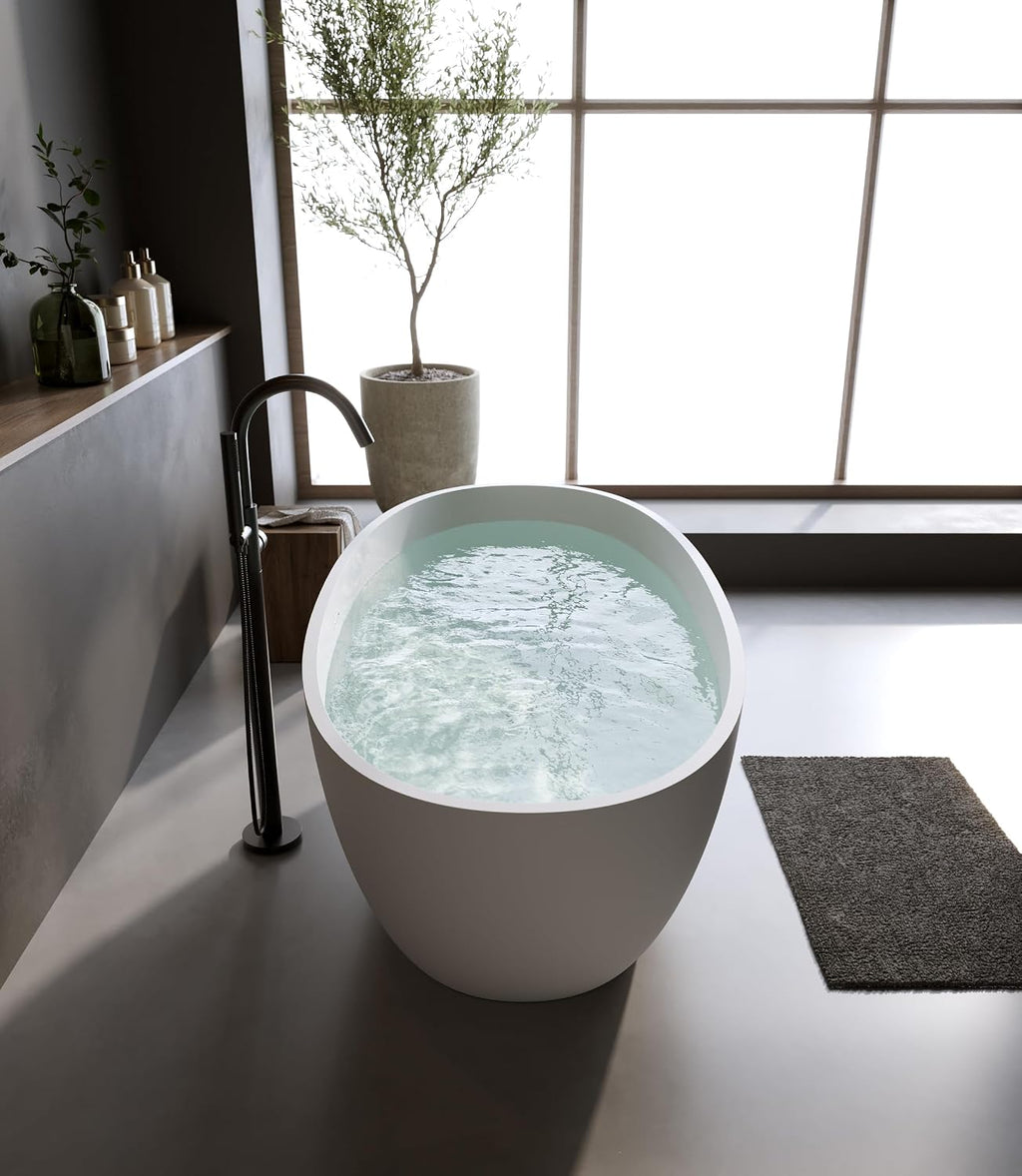 66.9' Stone Resin Freestanding Bathtub, Oval Shape Solid Surface Bathroom Freestanding Tubs, Stand Alone Soaking Tubs with Integrated Slotted Overflow and Drain, Matte White