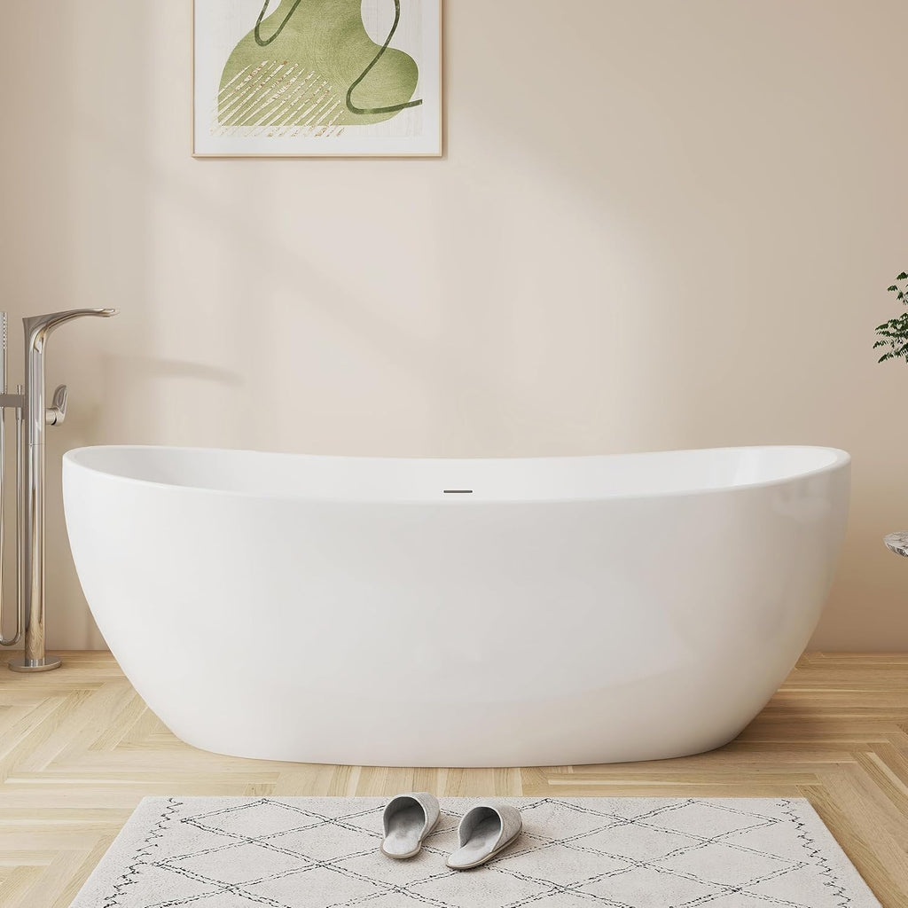 65'' Freestanding White Acrylic Bathtub, Oval Soaking Tub