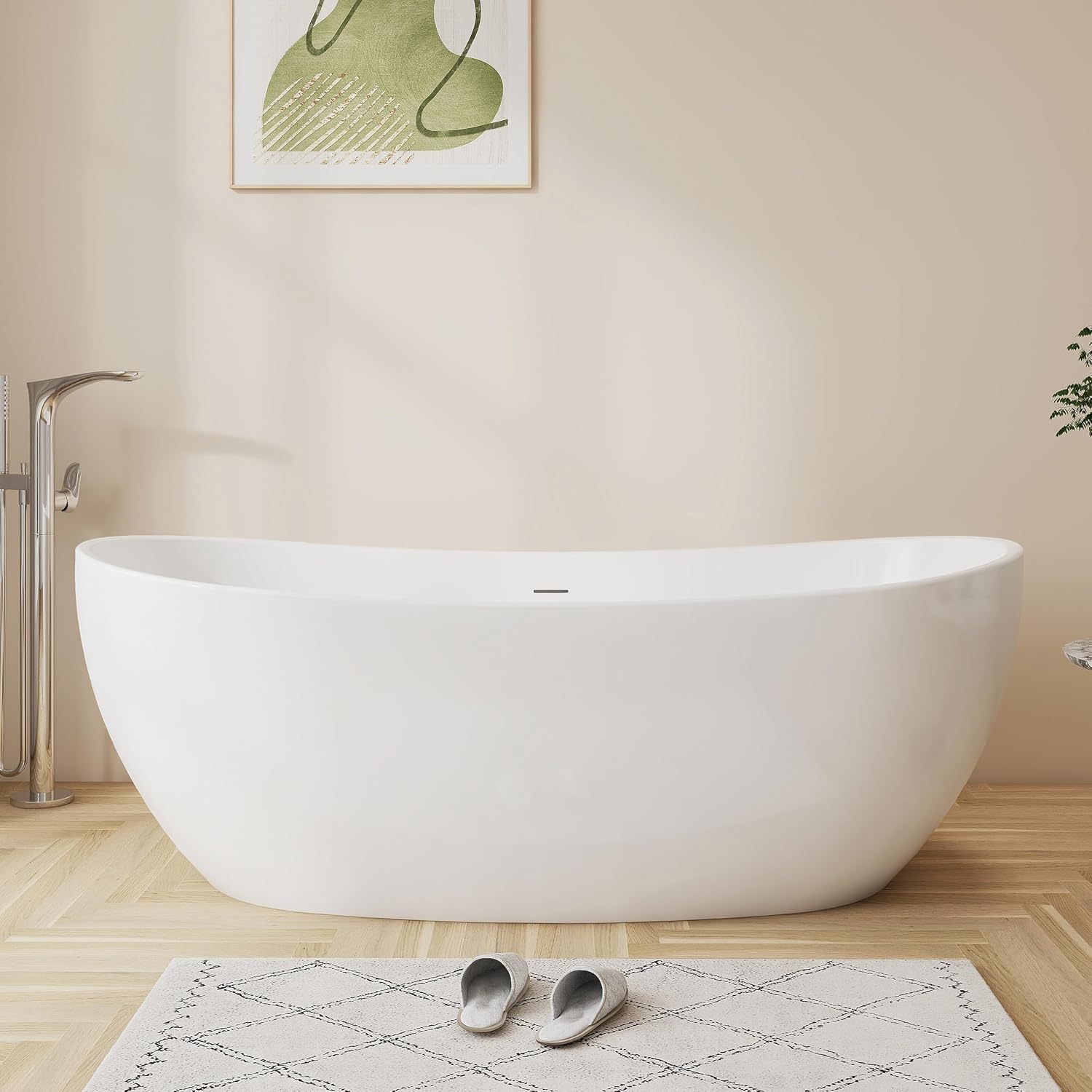 65'' Freestanding White Acrylic Bathtub, Oval Soaking Tub