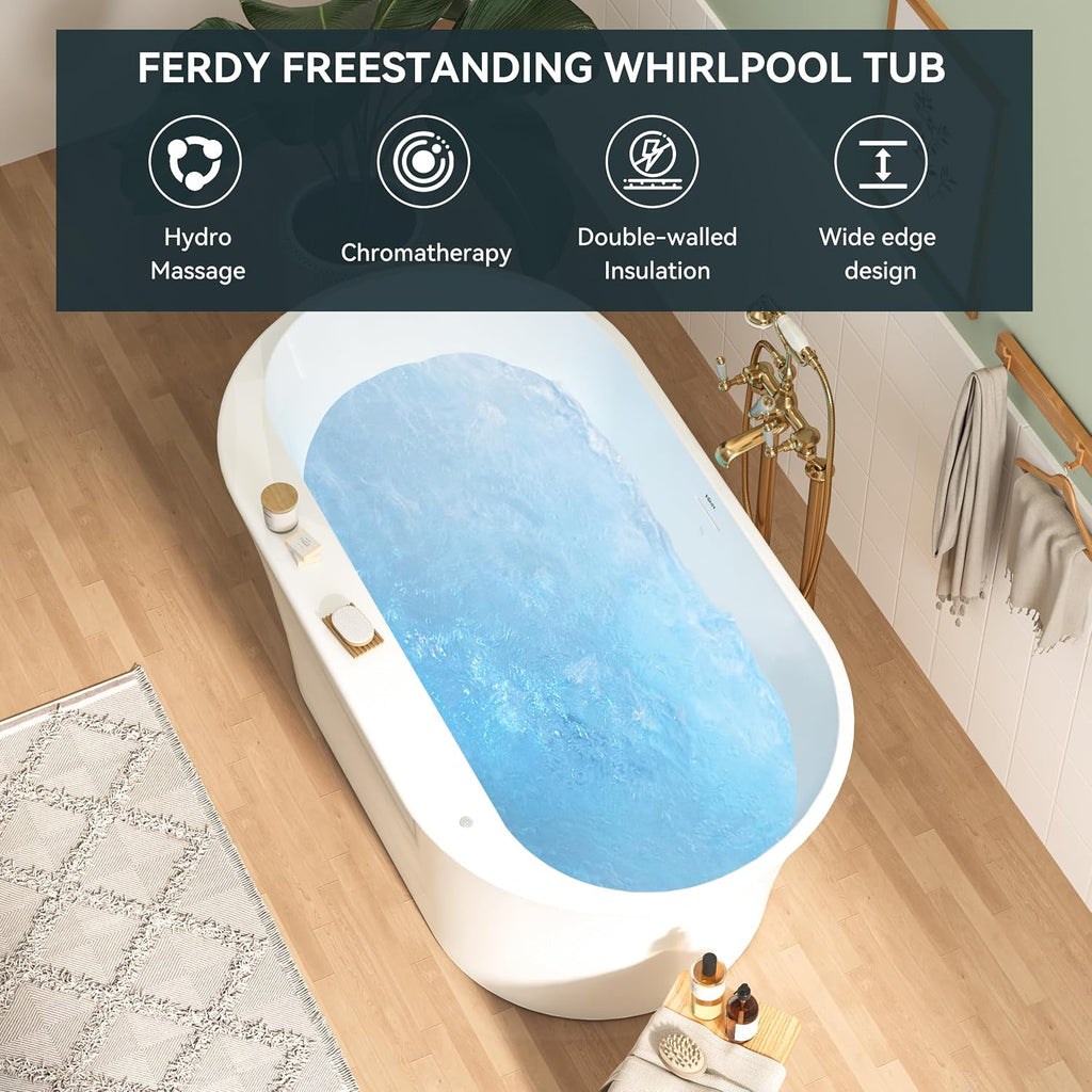 FerdY 59' Acrylic Freestanding Whirlpool Bathtub with LED Light, 8 Air & Water Jets, Contemporary Soaking tub with White Drain, Elegant Oval Shape, cUPC Certified, Mauritius