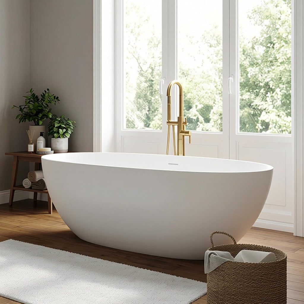 71' Stone Resin Freestanding Bathtub, Solid Surface Free Standing Tub, Soaking Tub with Overflow and Pop-up Drain in White, 2 Person Bathtub
