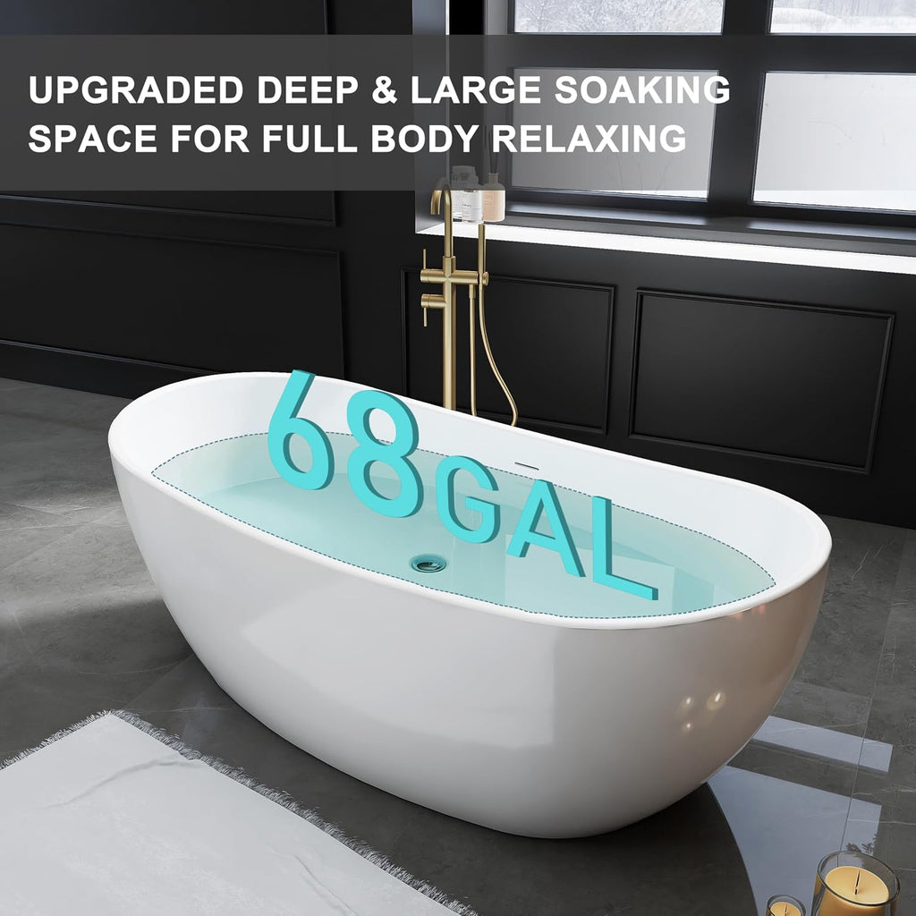 65' Acrylic Freestanding Bathtub, Stand Alone Tub, Soaking Tubs for Bathroom, Free Standing Tub with Integrated Overflow and Drain, cUPC Certified, Gloss White