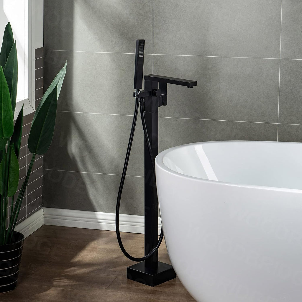 WOODBRIDGE F0009BL Contemporary Single Handle Floor Mount Freestanding Tub Filler Faucet with Hand shower in Matte Black Finish