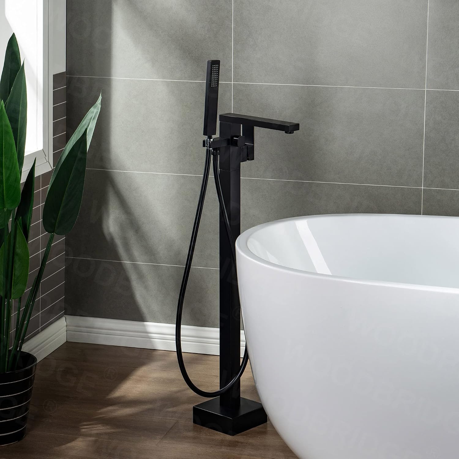 WOODBRIDGE F0009BL Contemporary Single Handle Floor Mount Freestanding Tub Filler Faucet with Hand shower in Matte Black Finish