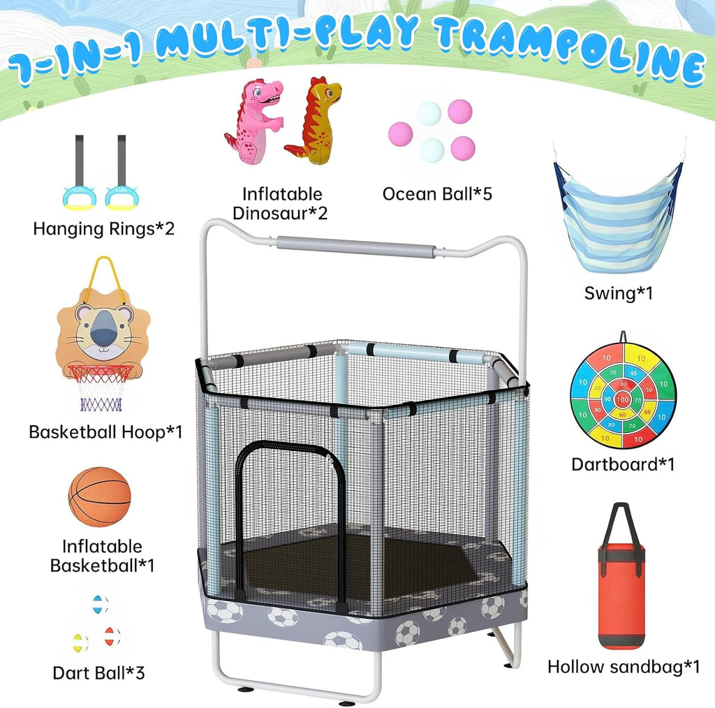 LAMERGE 55' 7-in-1 Round Trampoline for Kids Boys & Girls Ages 1-8, Indoor & Outdoor Trampoline for Fun, Adjustable Height Handrail ＆ Enclosed Safety Net ＆ Durable Designs for Toddlers Children