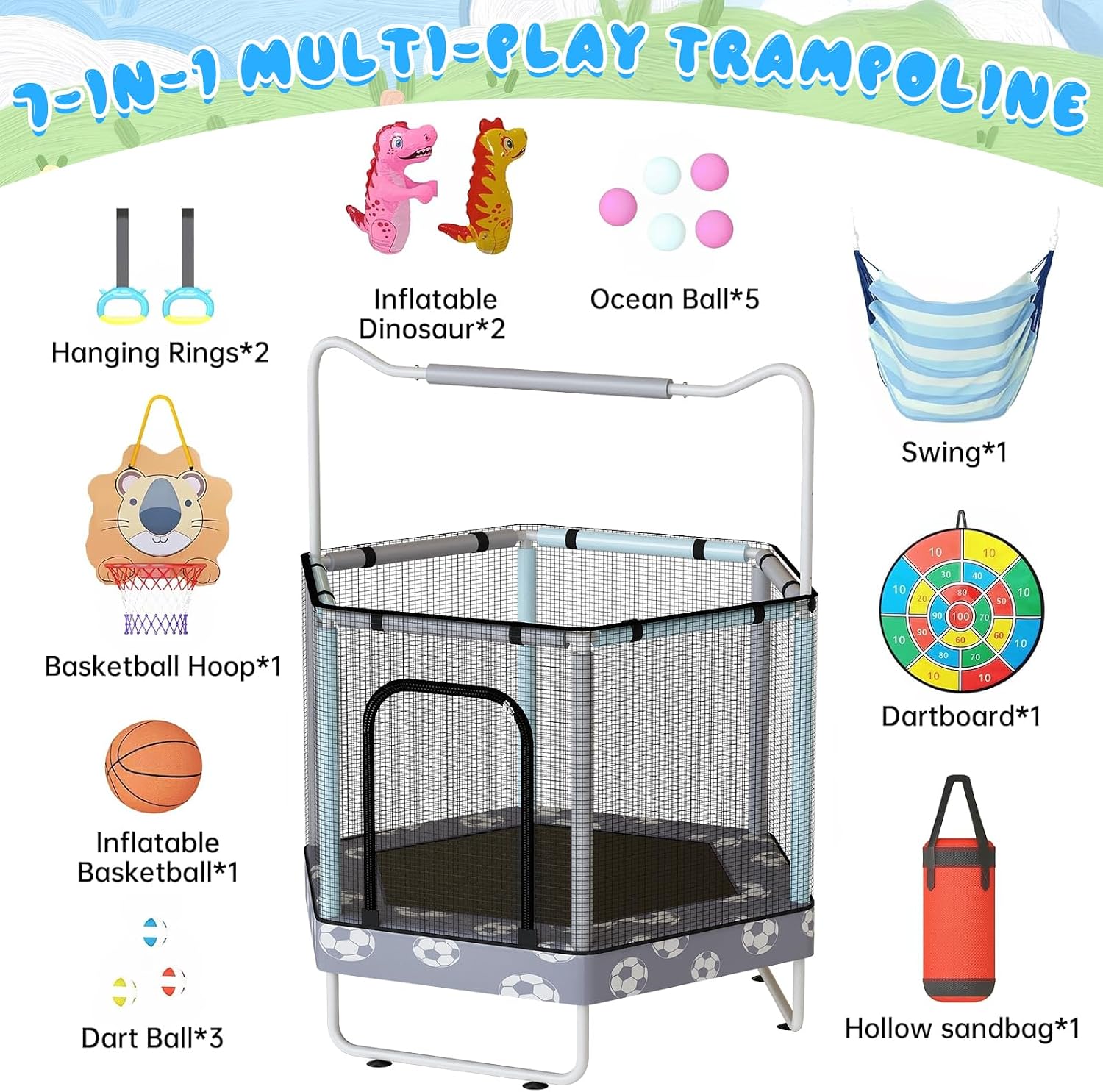 LAMERGE 55' 7-in-1 Round Trampoline for Kids Boys & Girls Ages 1-8, Indoor & Outdoor Trampoline for Fun, Adjustable Height Handrail ＆ Enclosed Safety Net ＆ Durable Designs for Toddlers Children