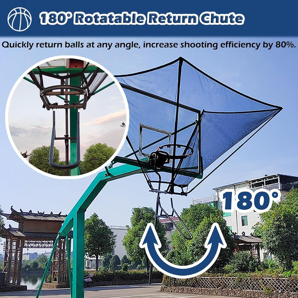 Basketball Hoop Outdoor Net Catcher Return System, 180° Rotatable Basketball Rebounder for Court Inside Training Camp, Shooting Practice Attachment Easy to Set Up
