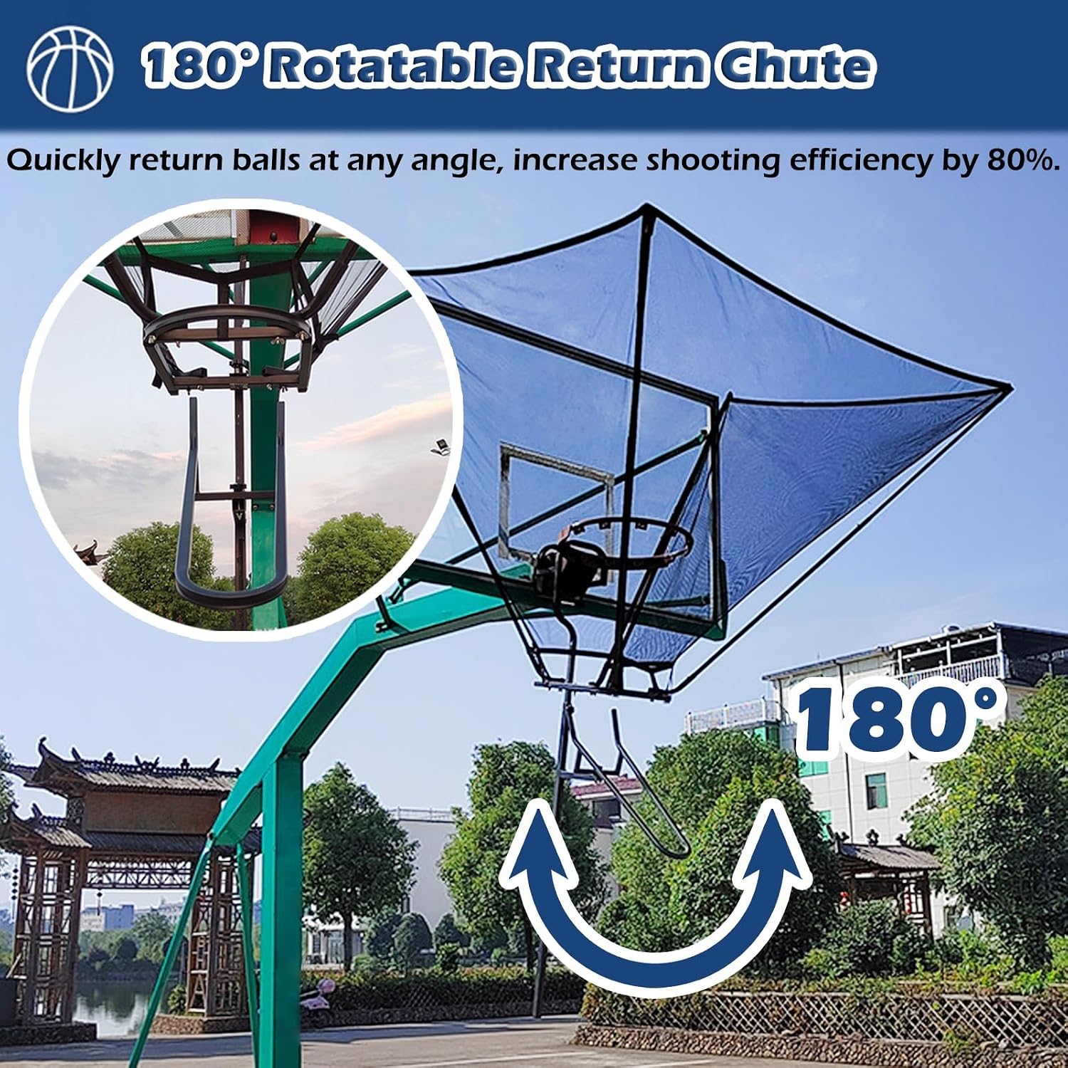 Basketball Hoop Outdoor Net Catcher Return System, 180° Rotatable Basketball Rebounder for Court Inside Training Camp, Shooting Practice Attachment Easy to Set Up