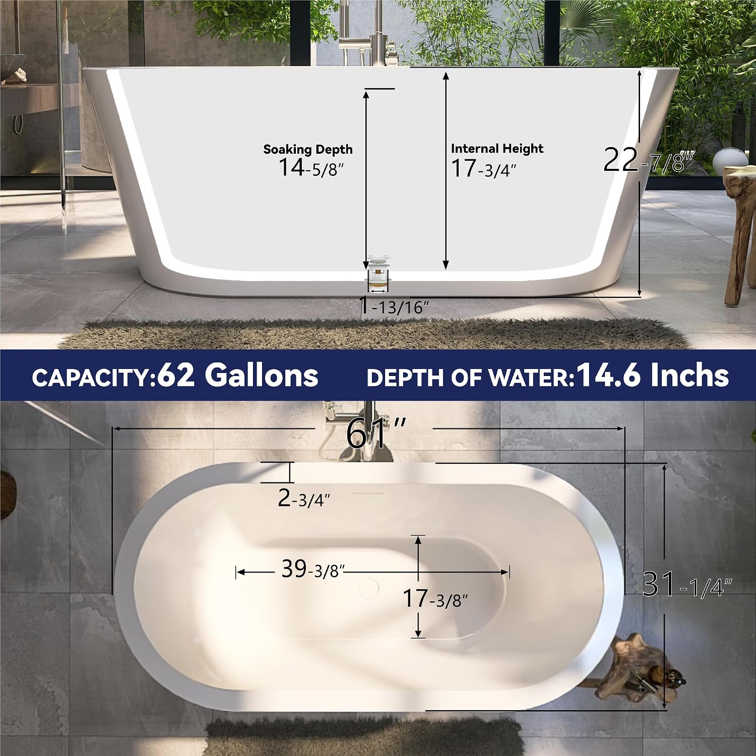 61' Acrylic Free Standing Tub, Stand Alone Tub, Freestanding Bathtub, Soaking Bathtub, cUPC Certified, LT(Glossy White)