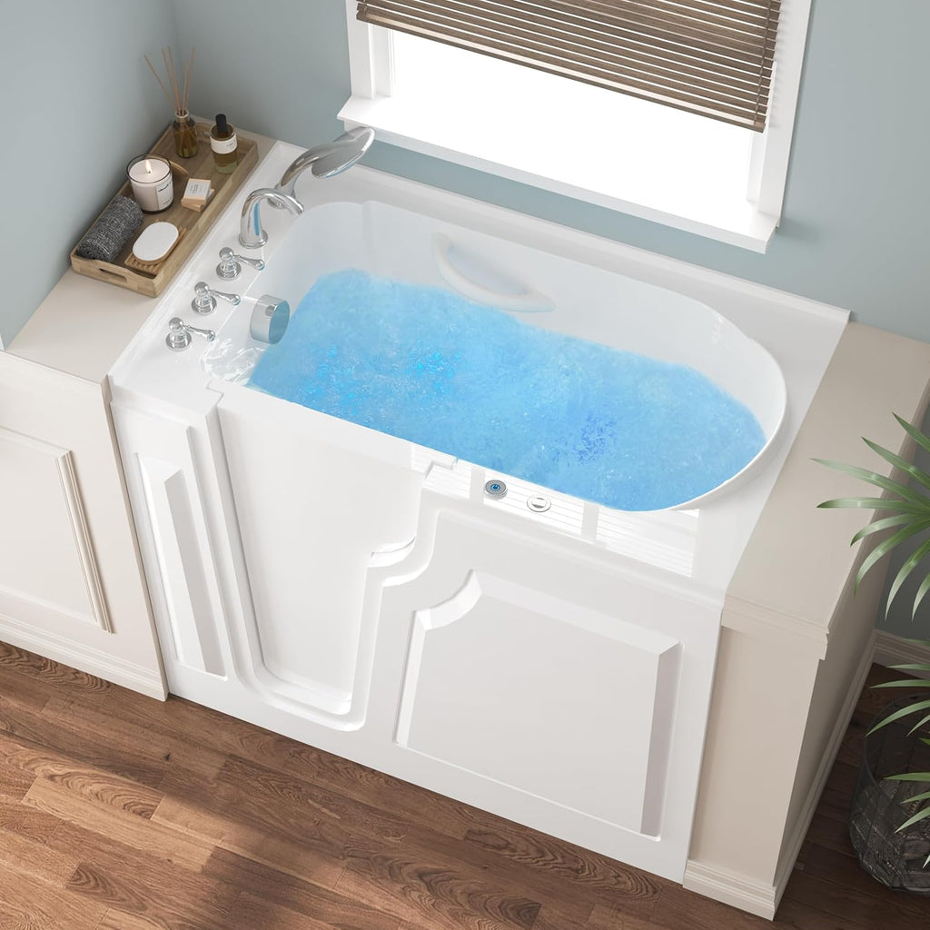 FerdY Floridian 52'x 30' Walk-in Whirlpool Bathtub with 14 Air Water SPA Jets and Left-Side Door Opening and Quick Fill and Drain System, Rectangular Soaking Bathtub in White