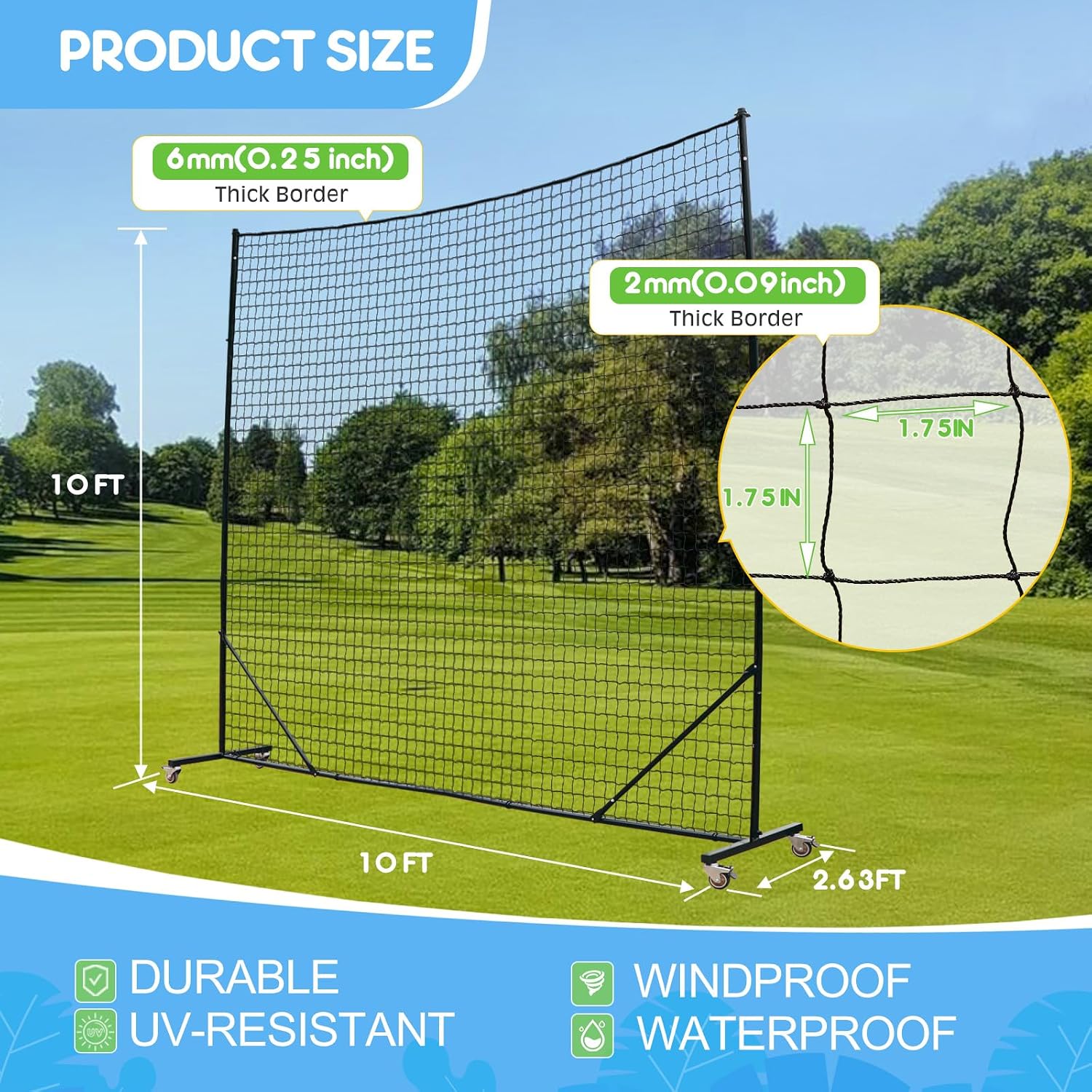 Ball Stop Net System with Wheels Movable Socketed Ball Stop Net Sports Netting Backyard 10FT to 12FT High Backstop Net for Barrier with Post from 10FT to 30FT Wide