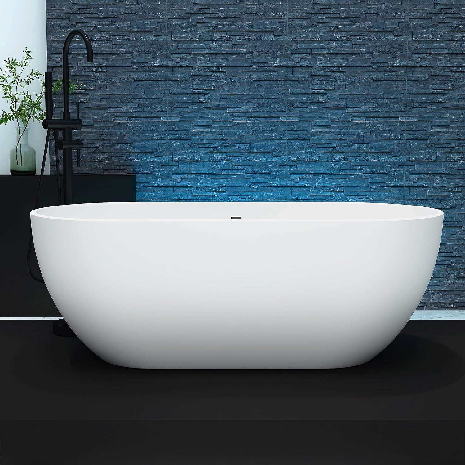 59'' Free Standing Tub, Stone Resin Freestanding Bathtub, Bathroom Soaking Tub Soaker Tubs Oval Shaped, Luxury Modern Freestanding Tubs with Overflow and Pop-up Drain - White