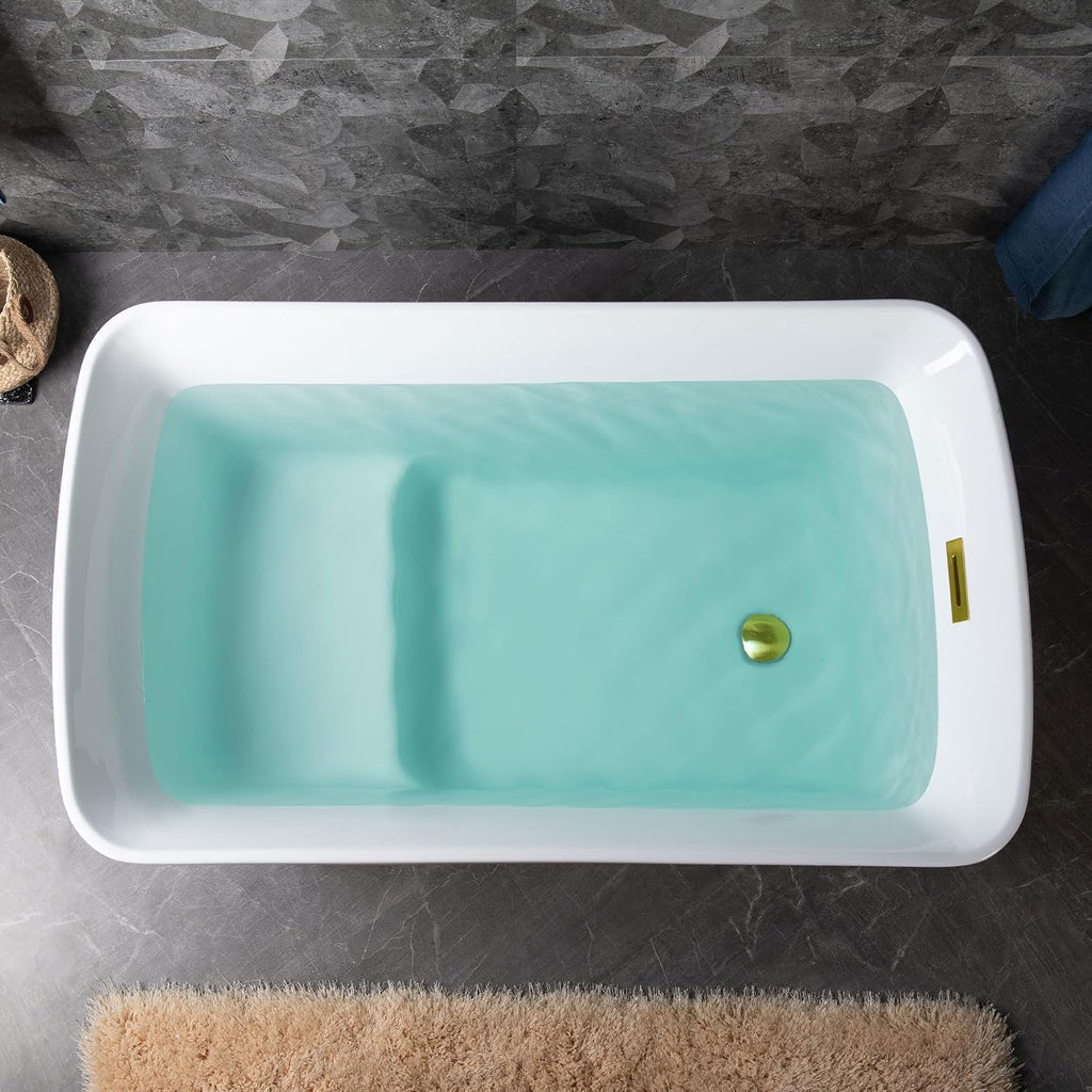 WOODBRIDGE 48' Acrylic Freestanding Square Shape Janpanese Soaking Tub with Pre-molded Seat and Brushed Gold Pop-Up Drain and Overflow Option, White,B0070-BG