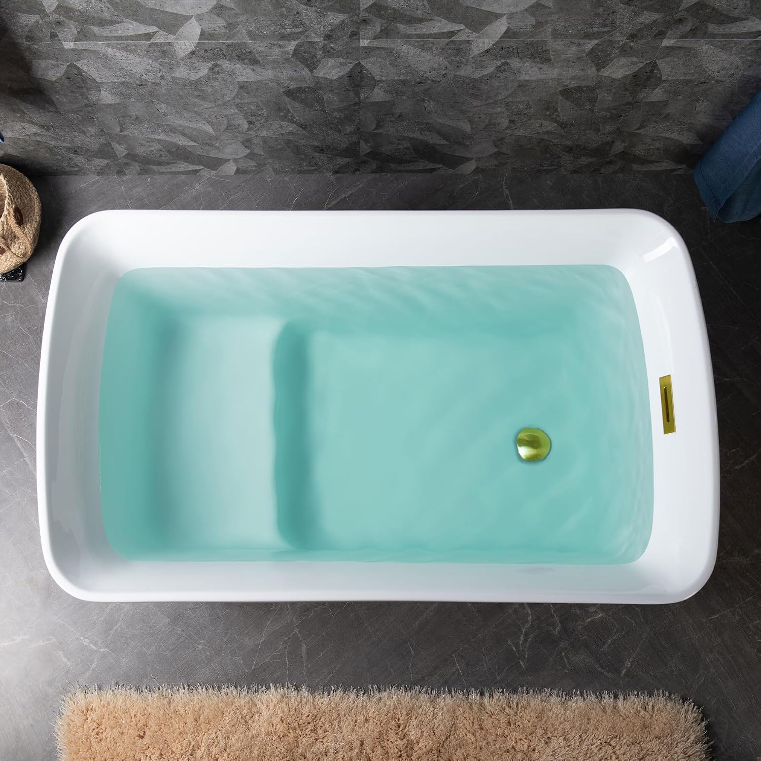 WOODBRIDGE 48' Acrylic Freestanding Square Shape Janpanese Soaking Tub with Pre-molded Seat and Brushed Gold Pop-Up Drain and Overflow Option, White,B0070-BG