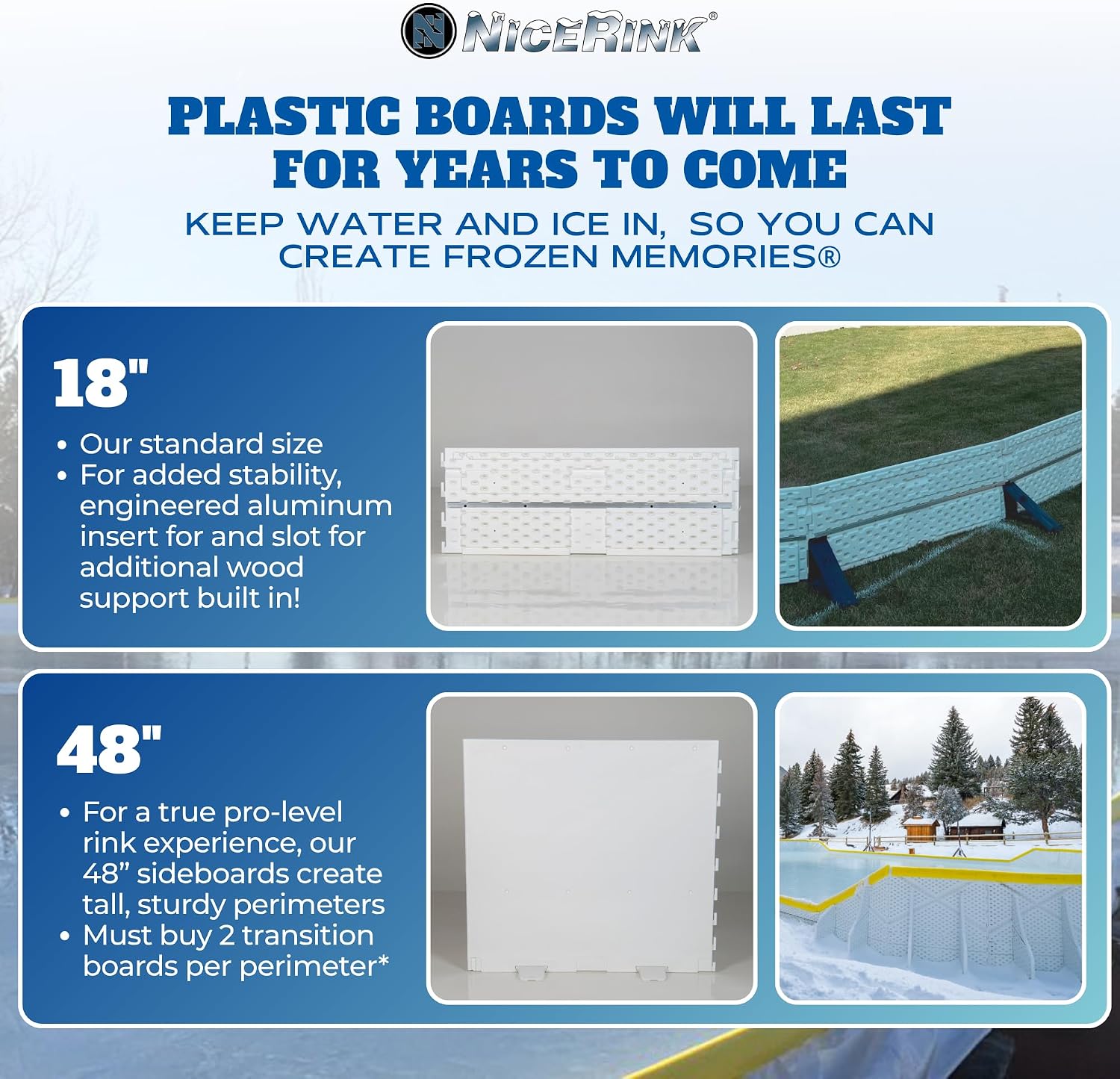 Backyard Ice Rink Accessories - Brackets, Boards, Kick Plates, Bumper Caps, and Netting - Made in USA and Canada Build Repair and Upgrade DIY Hockey and Skating Rinks