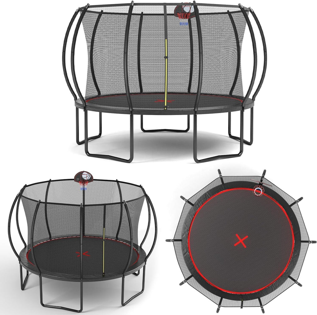 1500LBS 10FT 12FT 14FT 15FT 16FT Trampoline with LED Lights, Sprinkler, Music Speaker and Socks, ASTM Approved Outdoor Trampoline for Kids and Adults, Backyard Trampolines with Net Enclosure