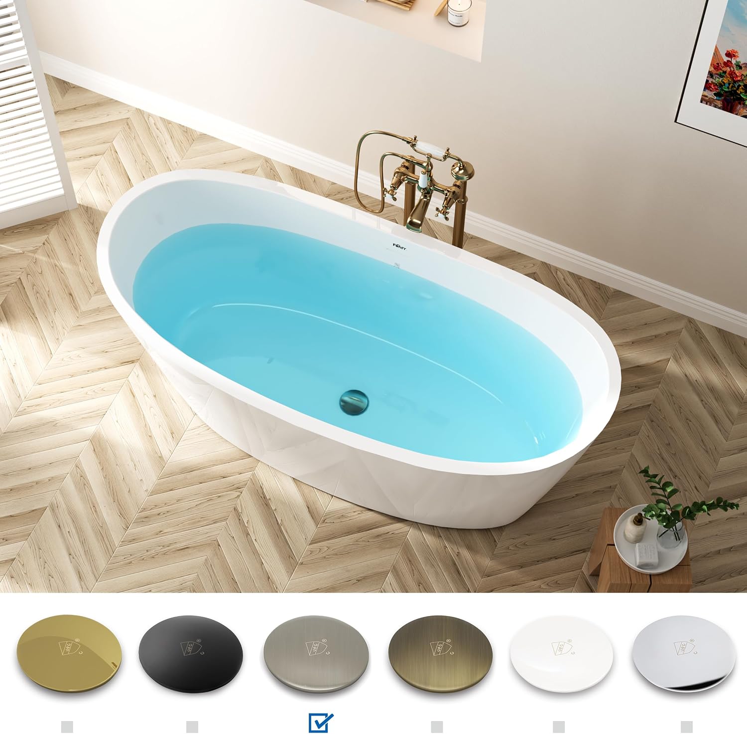 FerdY Naha Elite 59' Acrylic Freestanding Bathtub, Curve Edge Freestanding Soaking Bathtub, Glossy White, cUPC Certified, Brushed Nickel Drain& Bath Pillow for Bathtub,Thick Tub Pillows